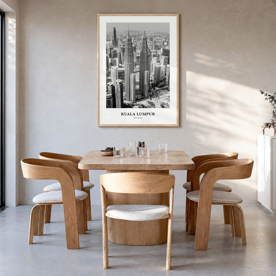 Kuala Lumpur Classic No 2 Poster in a natural wood frame, hanging in a dining room