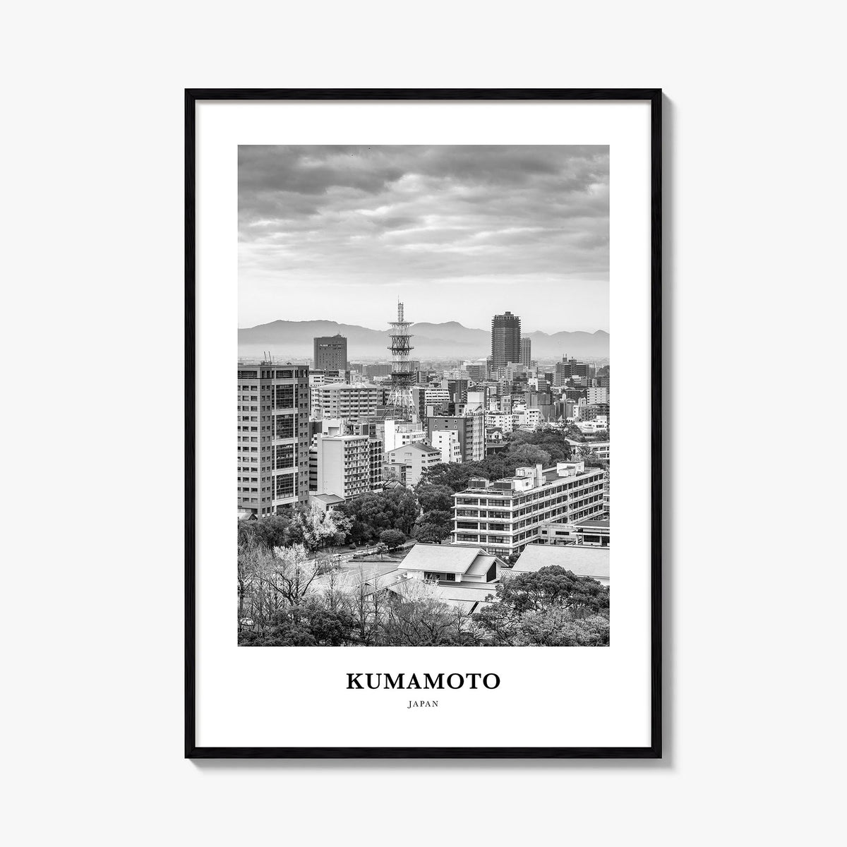 Kumamoto black & white classic poster of Japan – vertical wall art, unframed print shown in interior mockup
