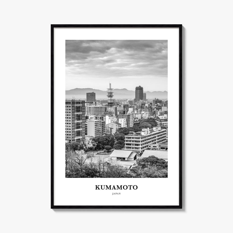 Kumamoto black & white classic poster of Japan – vertical wall art, unframed print shown in interior mockup