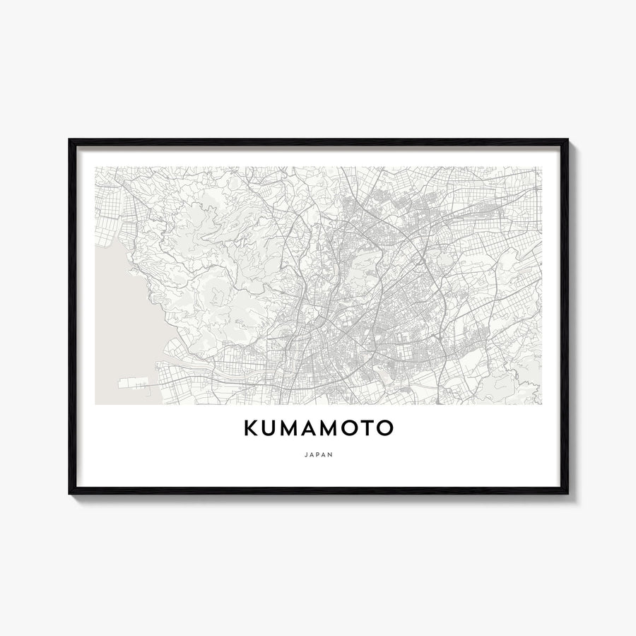 Kumamoto black & white map poster of Japan – horizontal wall art, unframed print shown in interior mockup