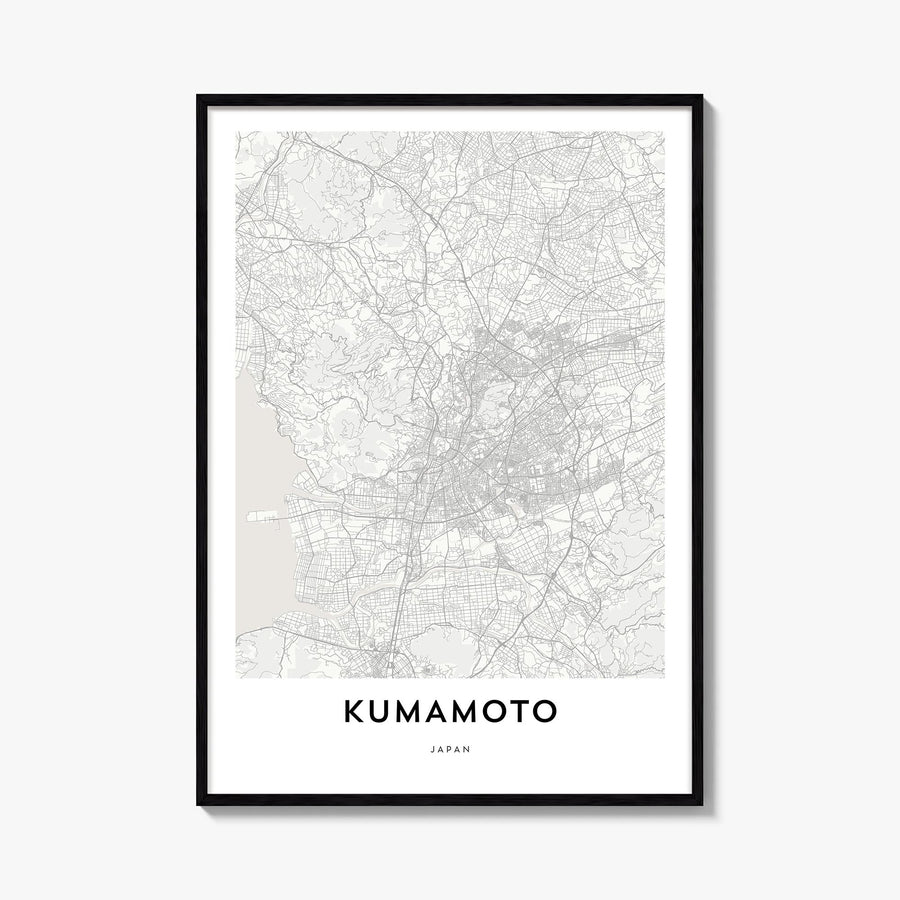 Kumamoto black & white map poster of Japan – vertical wall art, unframed print shown in interior mockup