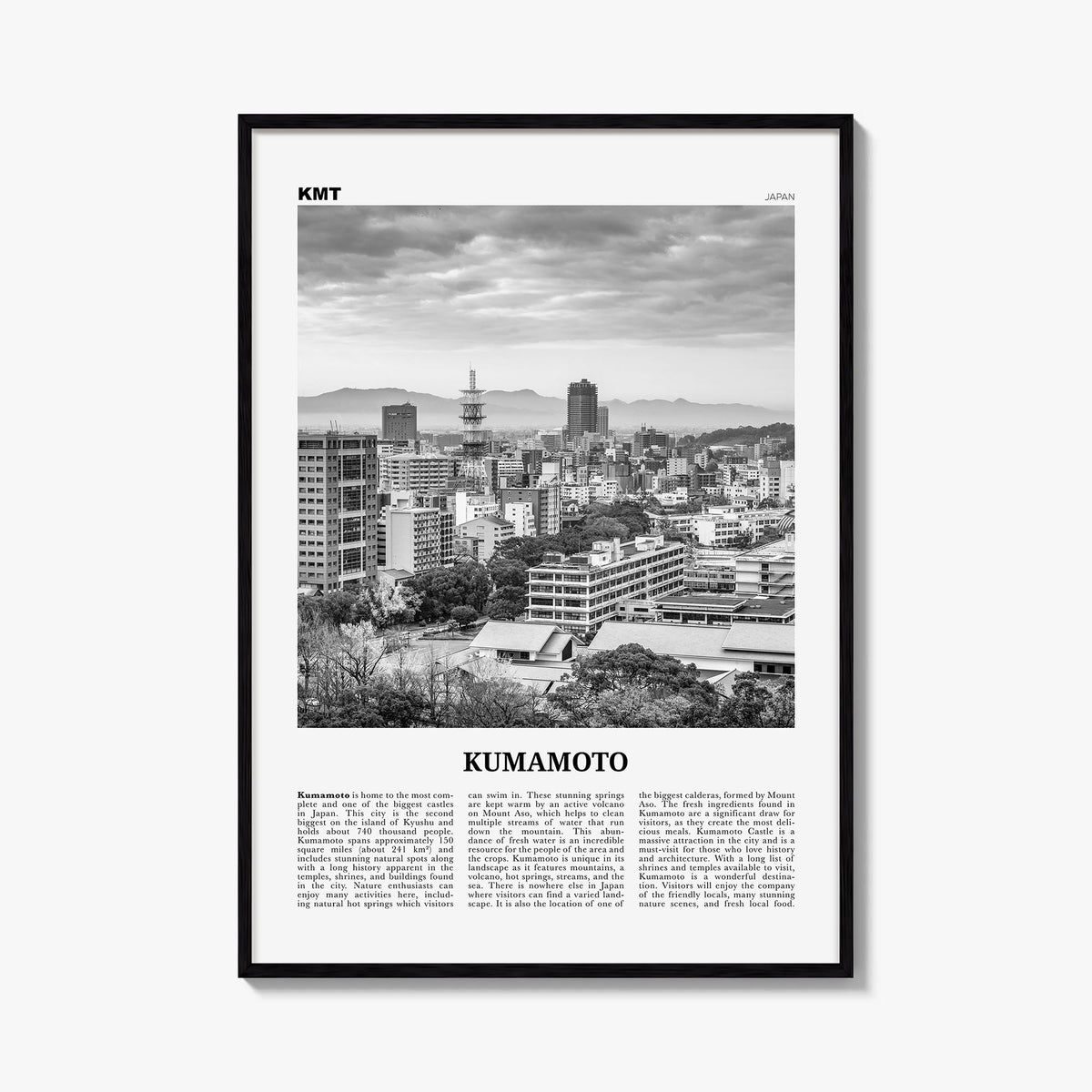 Kumamoto black & white newspaper poster of Japan – vertical wall art, unframed print shown in interior mockup