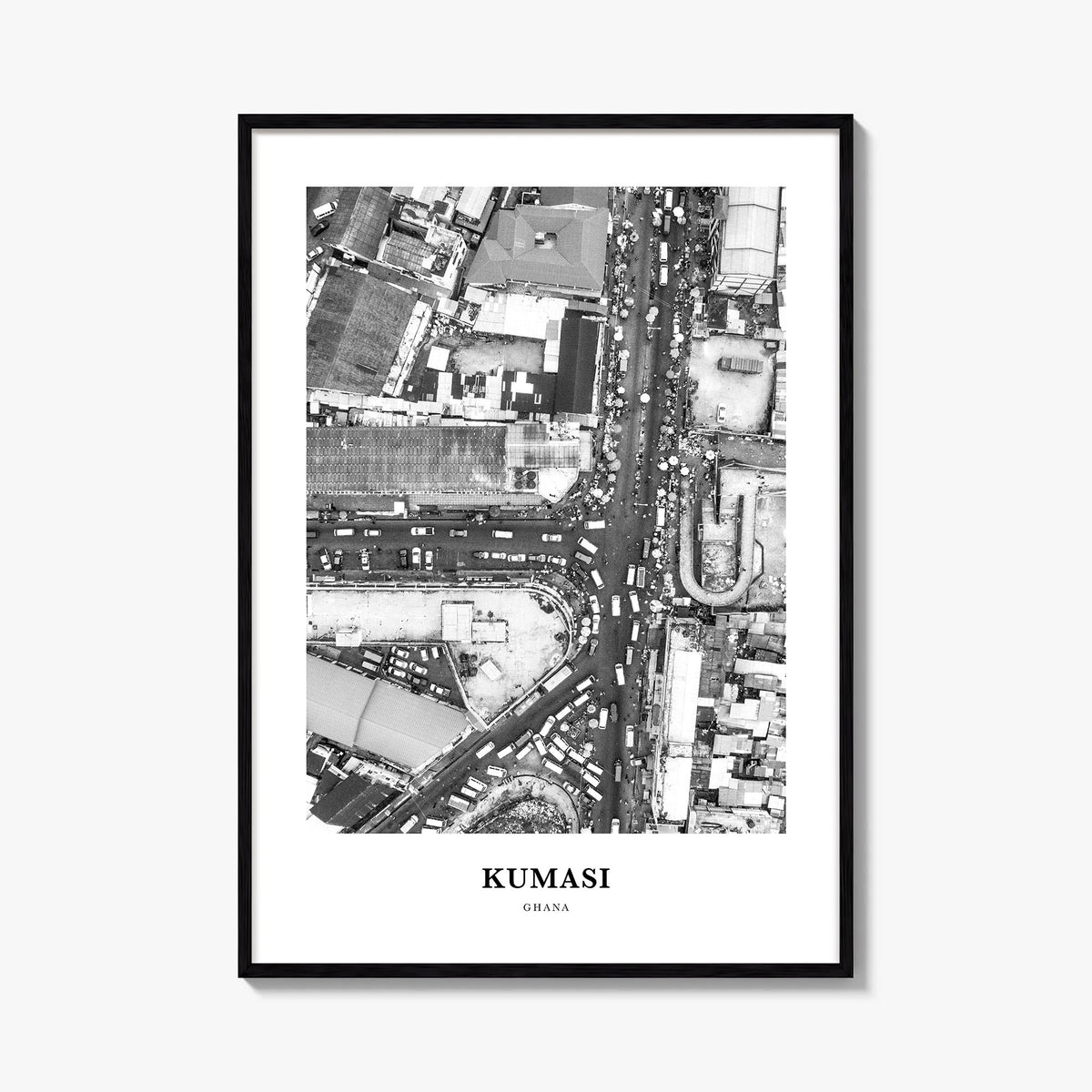 Kumasi black & white classic poster of Ghana – vertical wall art, unframed print shown in interior mockup