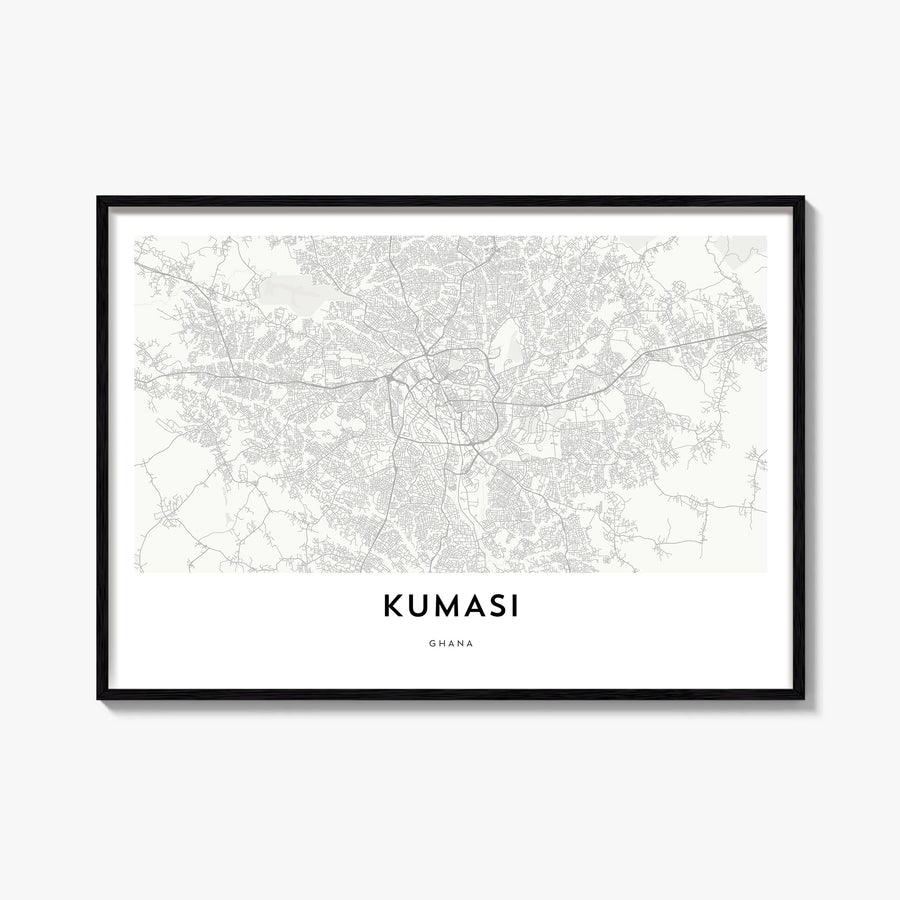 Kumasi black & white map poster of Ghana – horizontal wall art, unframed print shown in interior mockup