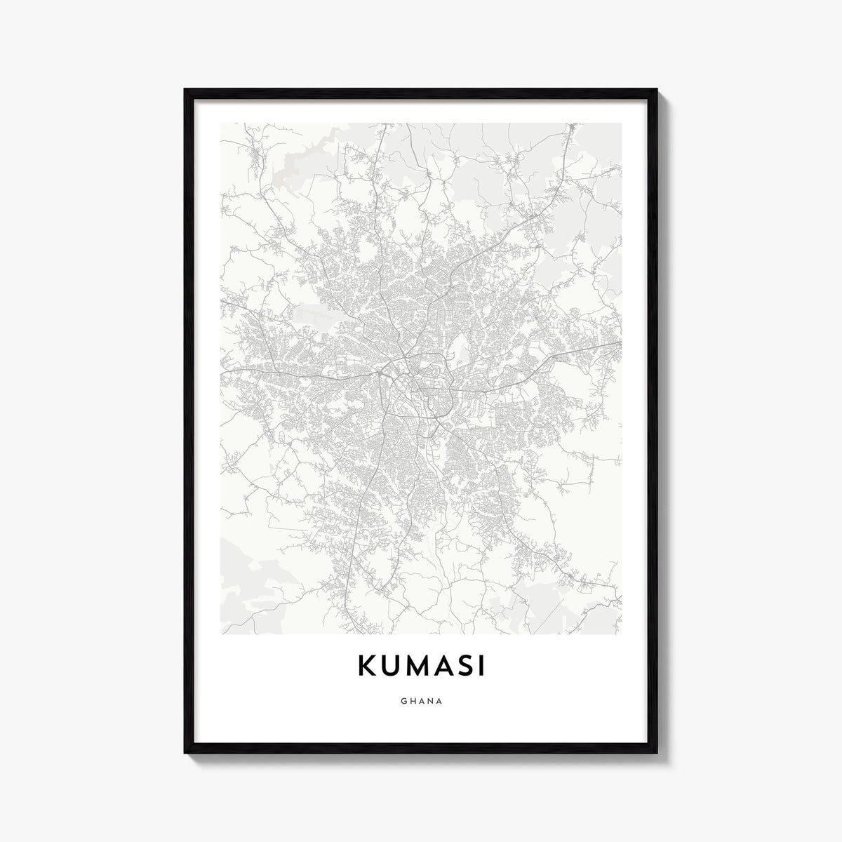 Kumasi black & white map poster of Ghana – vertical wall art, unframed print shown in interior mockup