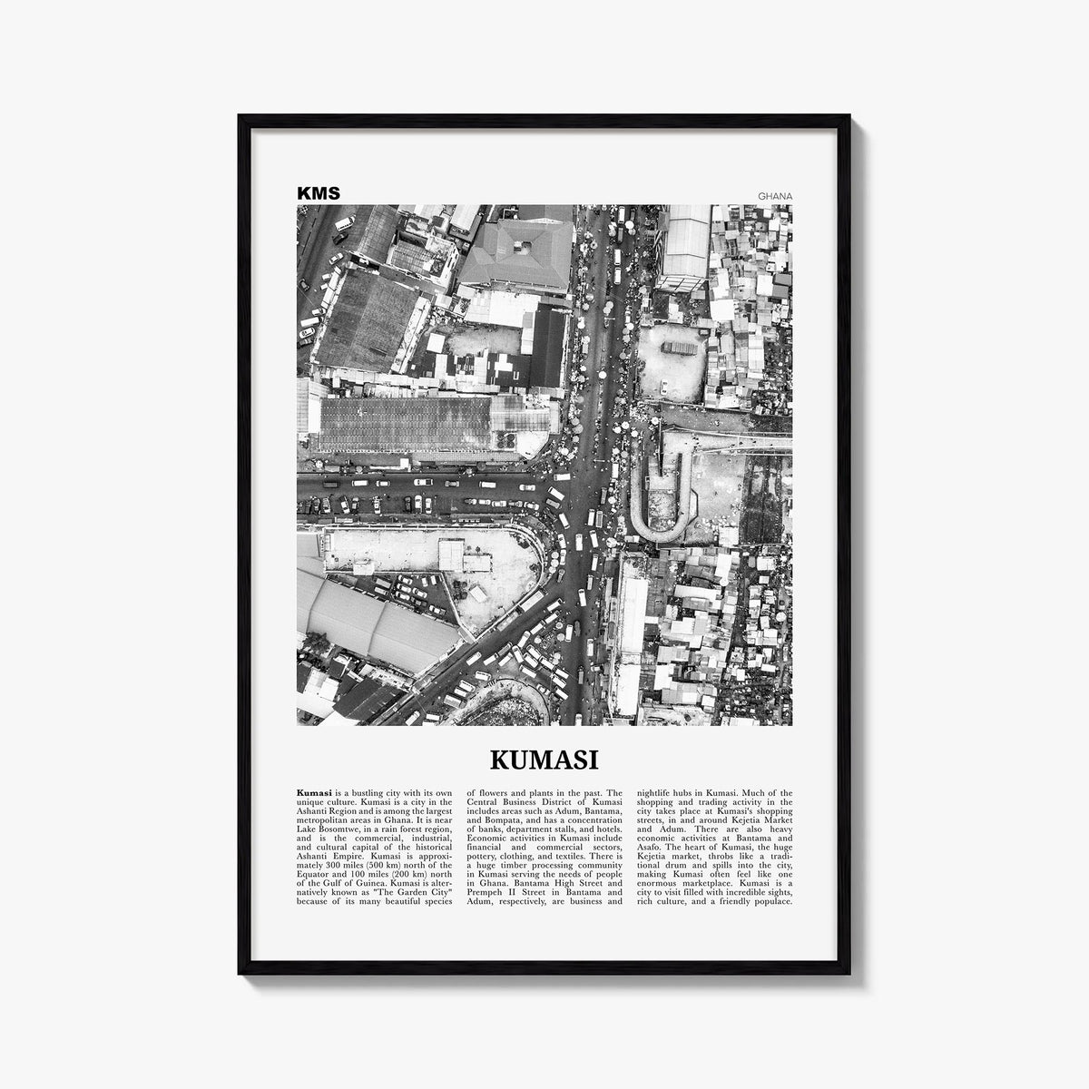 Kumasi black & white newspaper poster of Ghana – vertical wall art, unframed print shown in interior mockup