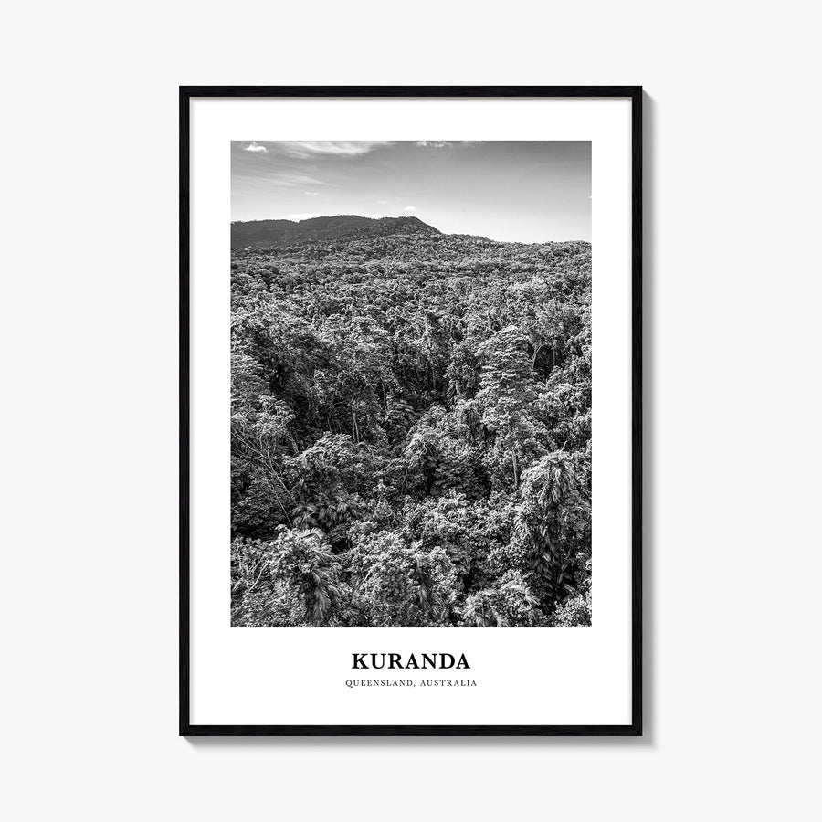 Kuranda black & white classic poster of Australia – vertical wall art, unframed print shown in interior mockup