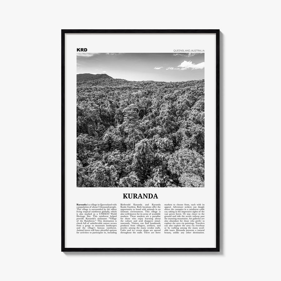 Kuranda black & white newspaper poster of Australia – vertical wall art, unframed print shown in interior mockup