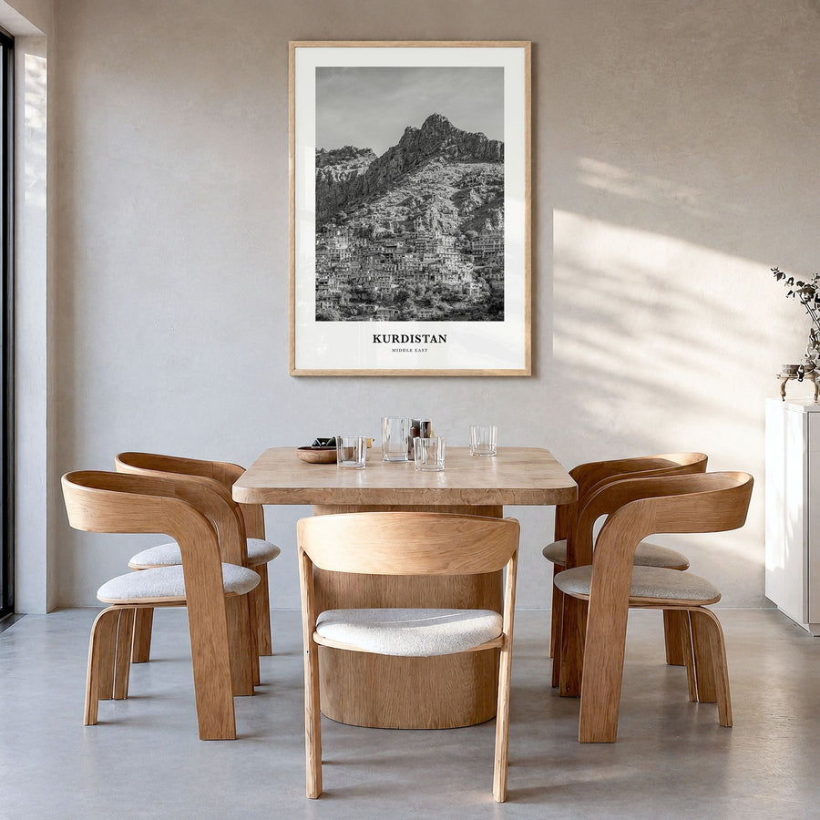 Kurdistan Classic Poster in a natural wood frame, hanging in a dining room