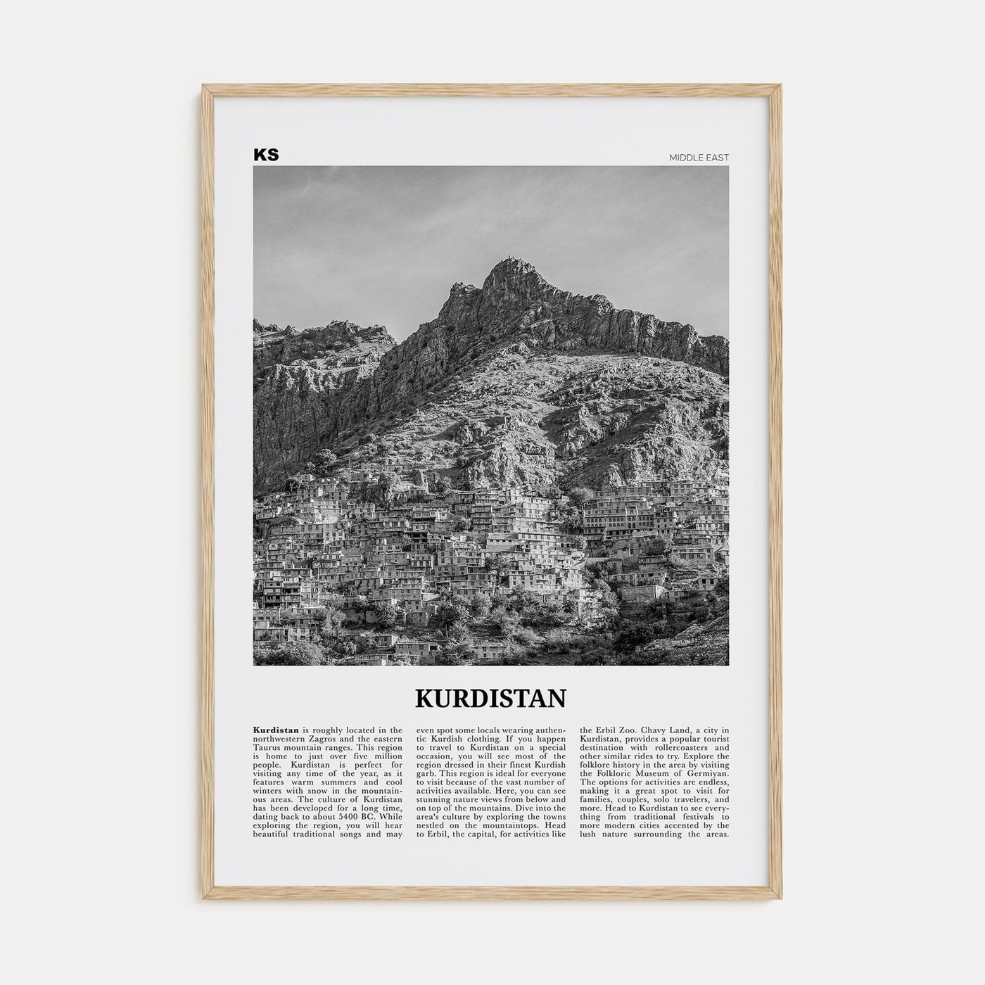 Kurdistan Poster Natural Wood / 8x12 in Nbourhood Travel B&W Poster