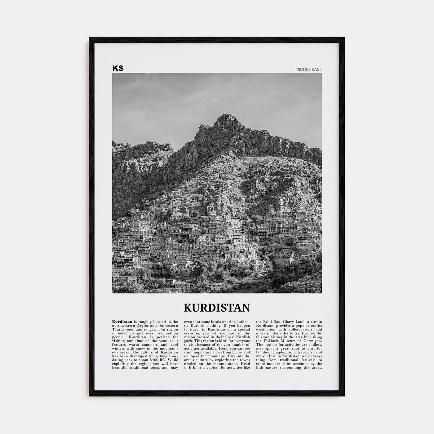 Kurdistan Poster Black Wood / 8x12 in Nbourhood Travel B&W Poster