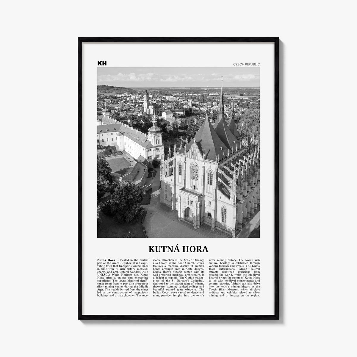 Kutná Hora black & white newspaper poster of Czechia – vertical wall art, unframed print shown in interior mockup