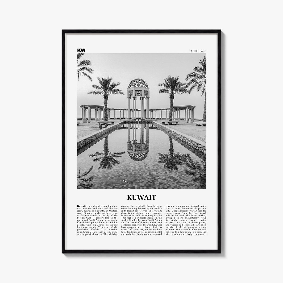 Kuwait black & white newspaper poster of Middle East – vertical wall art, unframed print shown in interior mockup