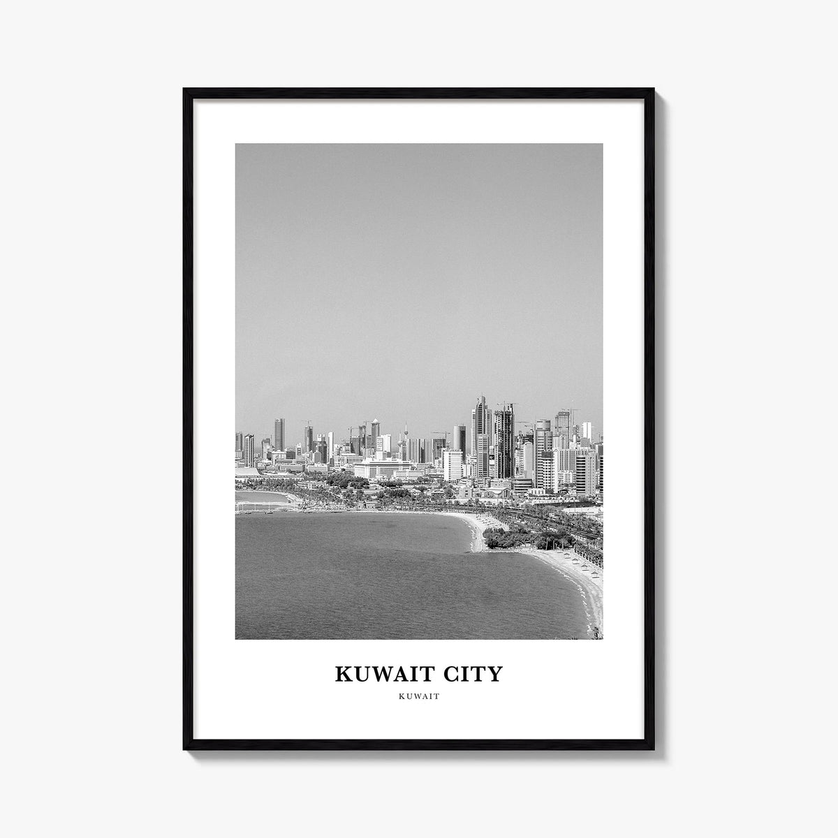 Kuwait City black & white classic poster of Kuwait – vertical wall art, unframed print shown in interior mockup