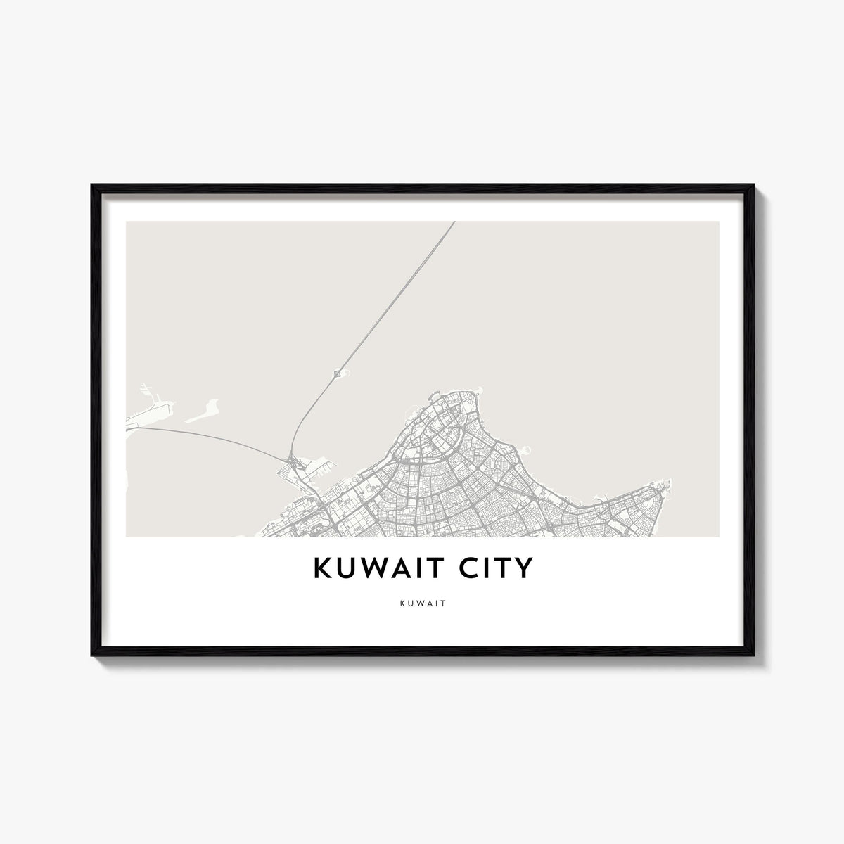Kuwait City black & white map poster of Kuwait – horizontal wall art, unframed print shown in interior mockup