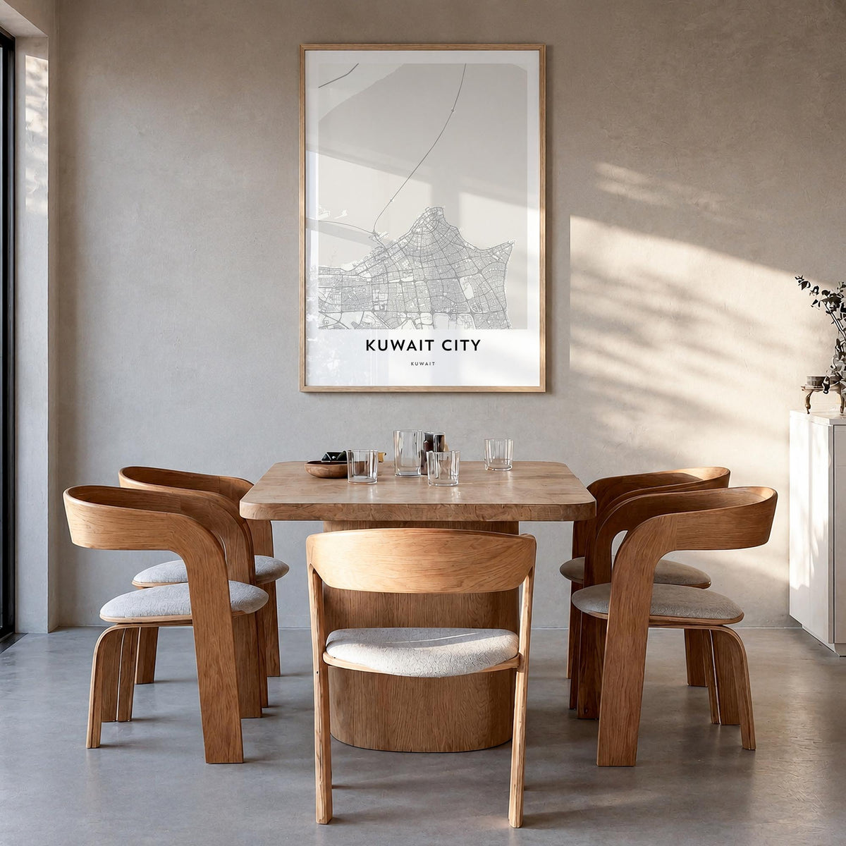 Kuwait City black & white map poster of Kuwait – vertical wall art in natural wood frame, hanging on wall