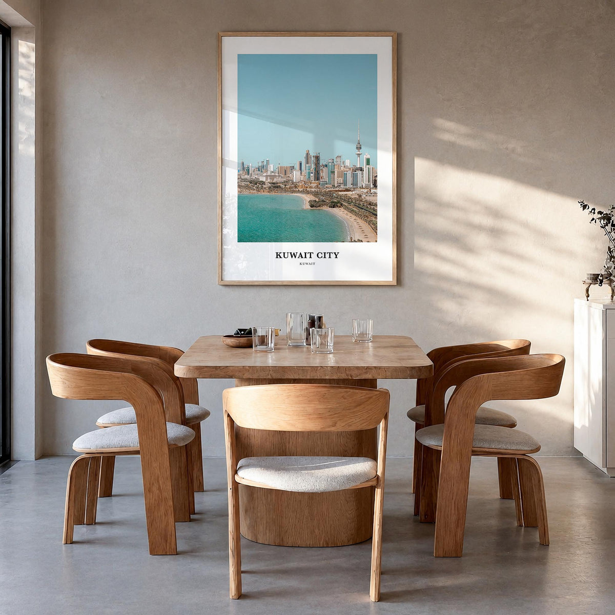 Kuwait City colorful classic poster of Kuwait – vertical wall art in natural wood frame, hanging on wall