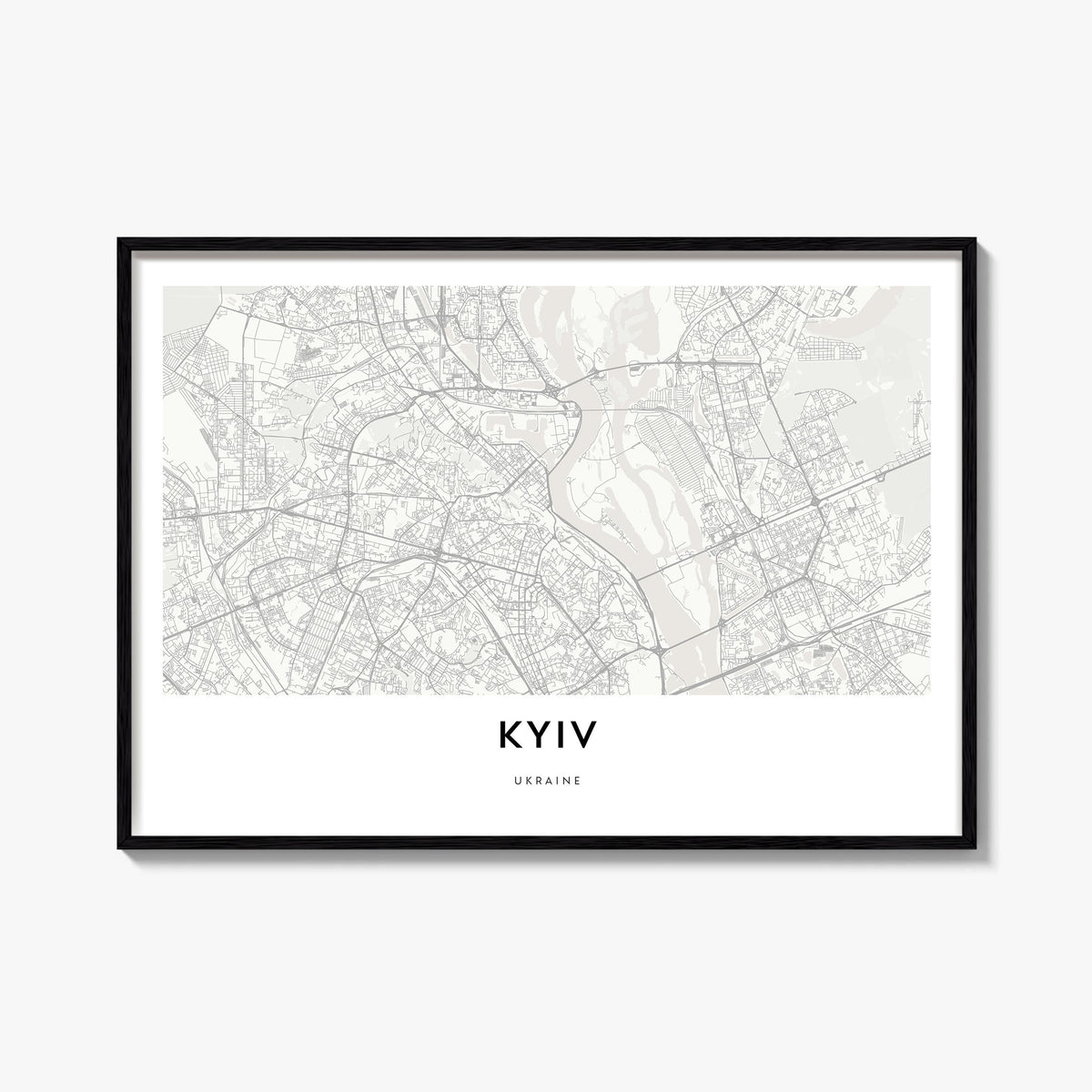 Kyiv black & white map poster of Ukraine – horizontal wall art, unframed print shown in interior mockup