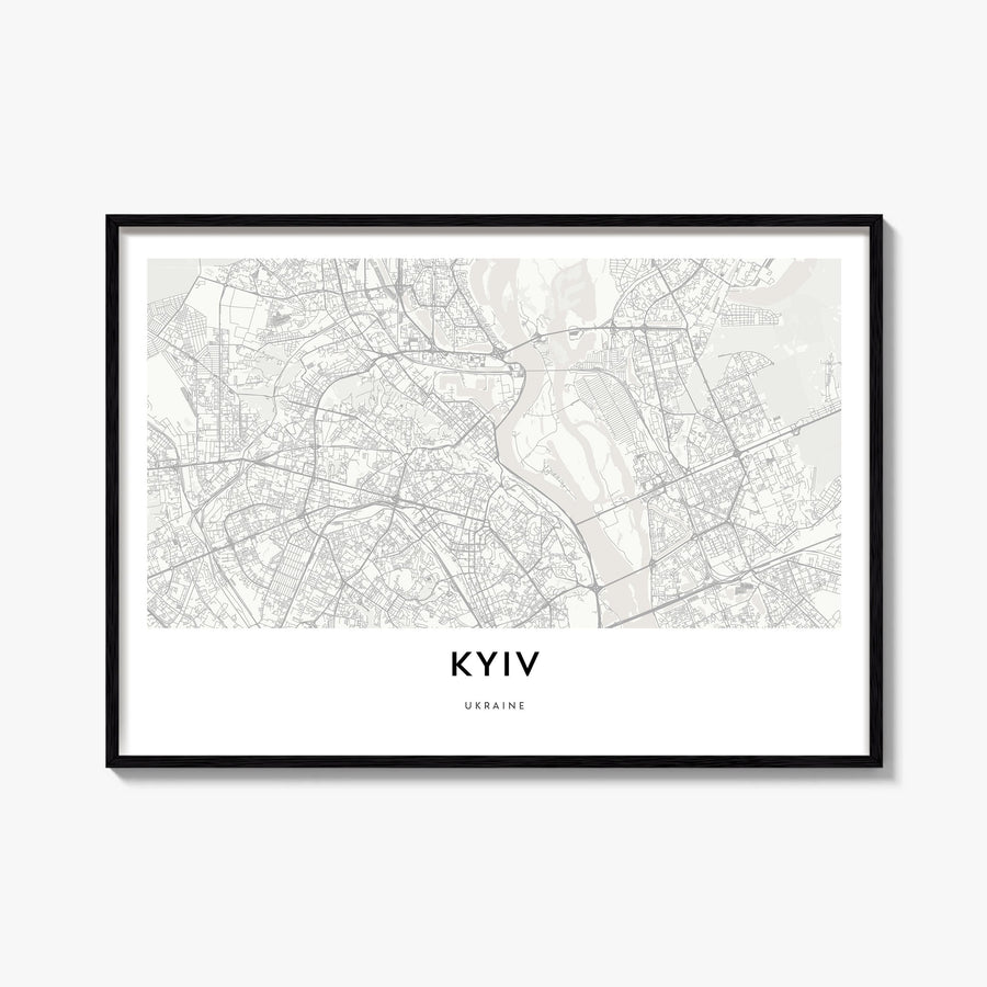 Kyiv black & white map poster of Ukraine – horizontal wall art, unframed print shown in interior mockup