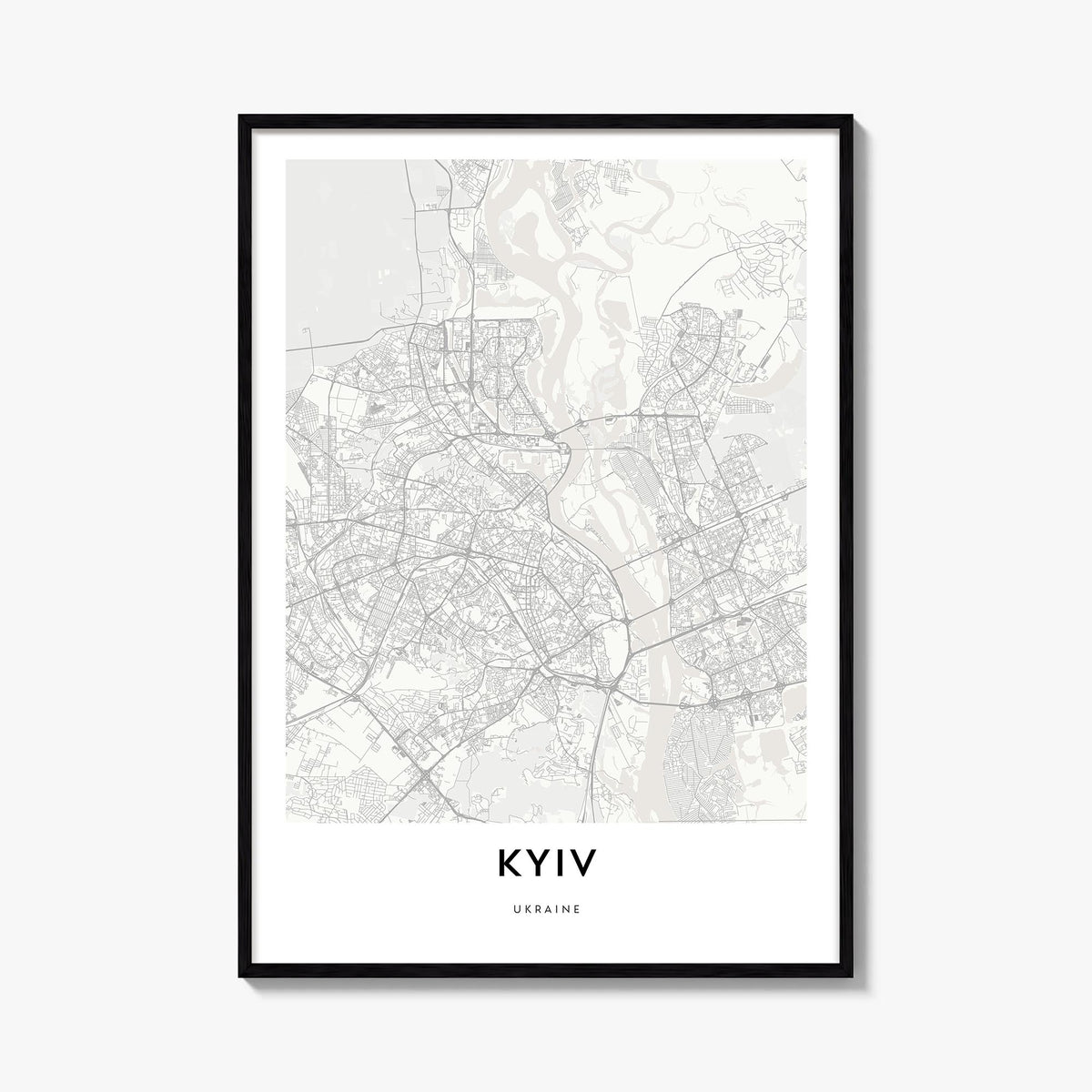 Kyiv black & white map poster of Ukraine – vertical wall art, unframed print shown in interior mockup