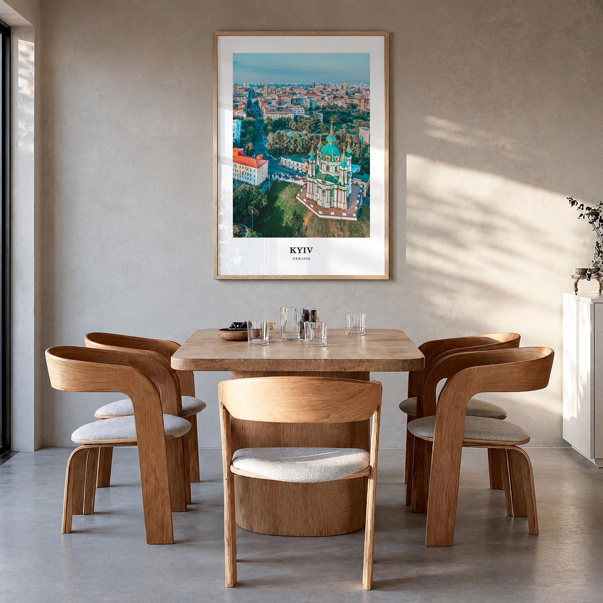 Kyiv colorful classic poster of Ukraine – vertical wall art in natural wood frame, hanging on wall