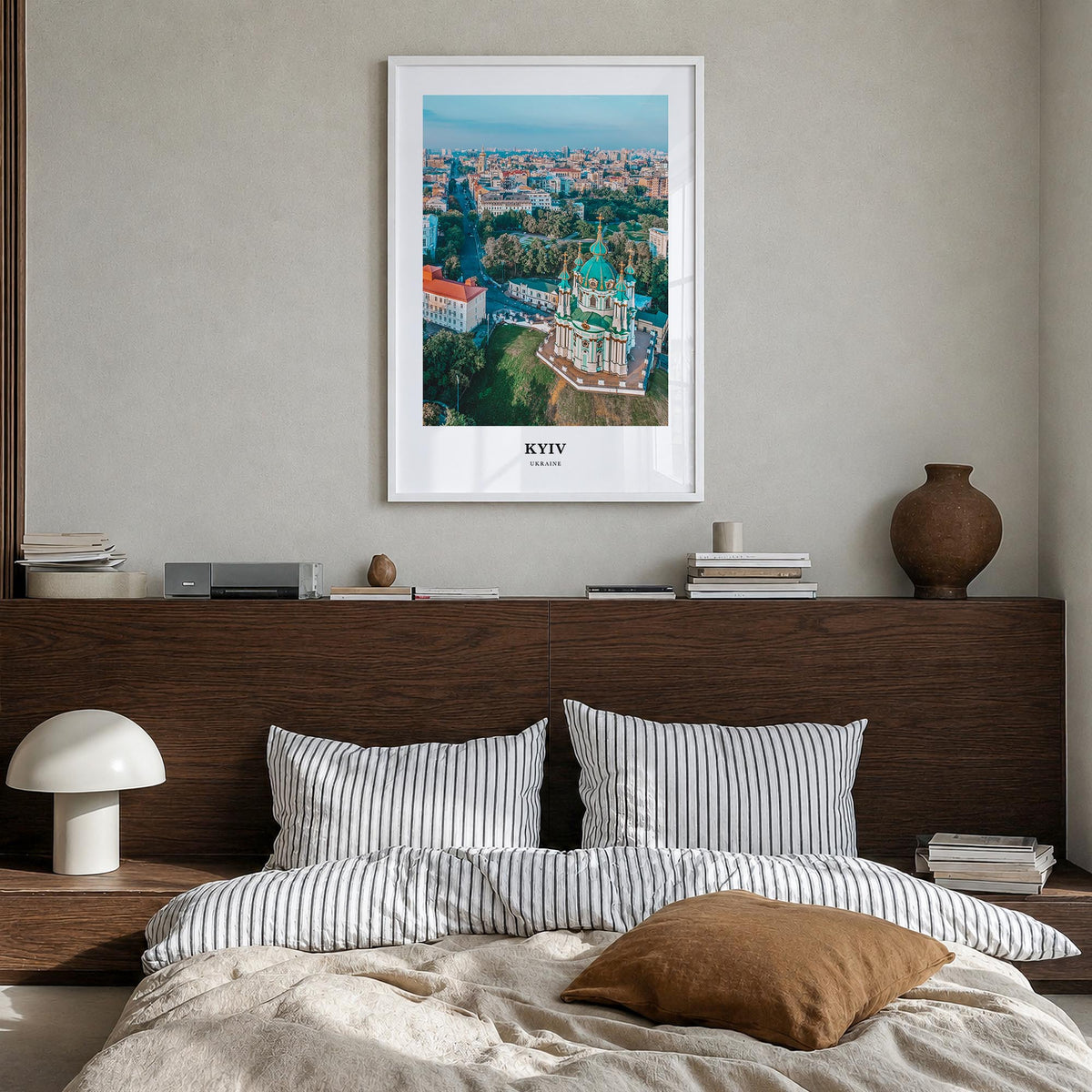 Kyiv colorful classic poster of Ukraine – vertical wall art in white wood frame, hanging on wall