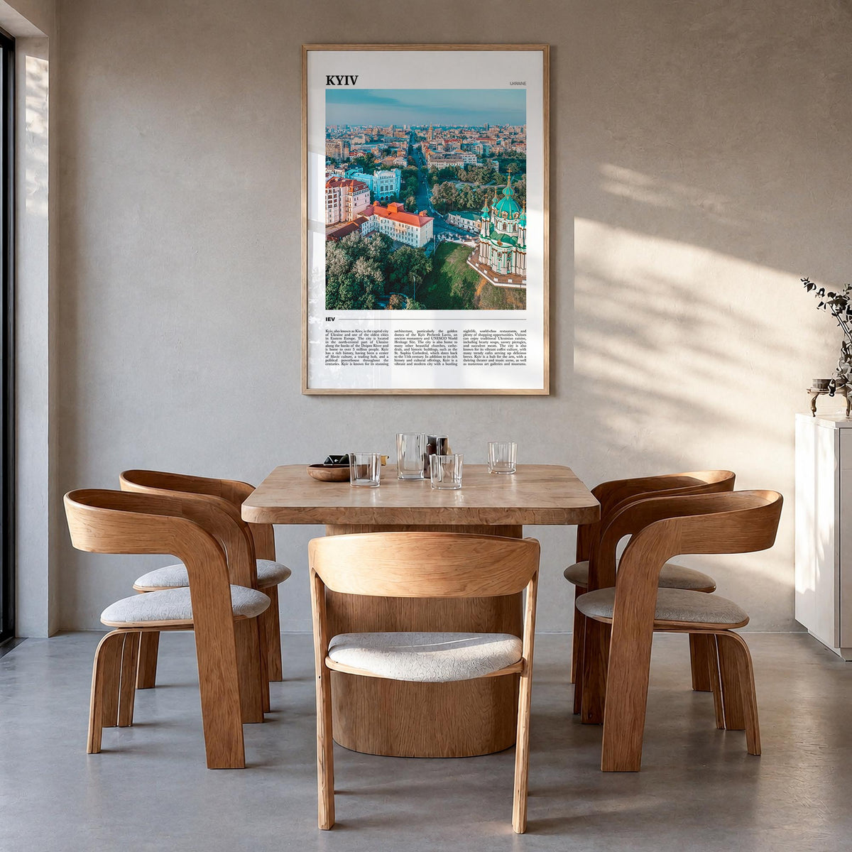 Kyiv colorful travel poster of Ukraine – vertical wall art in natural wood frame, hanging on wall