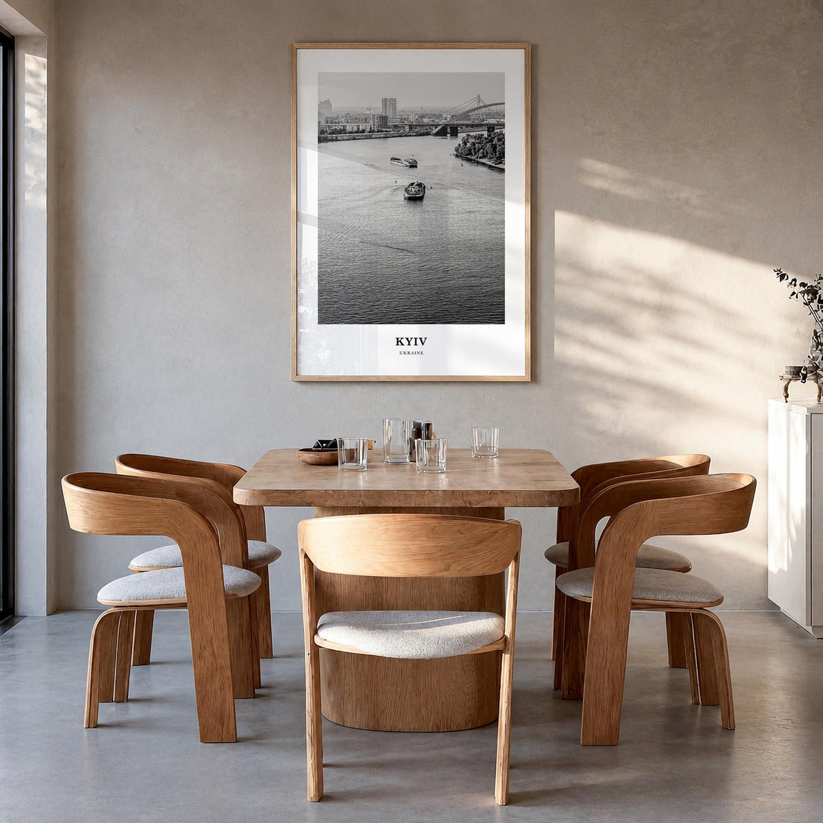 Kyiv no. 1 black & white classic poster of Ukraine – vertical wall art in natural wood frame, hanging on wall