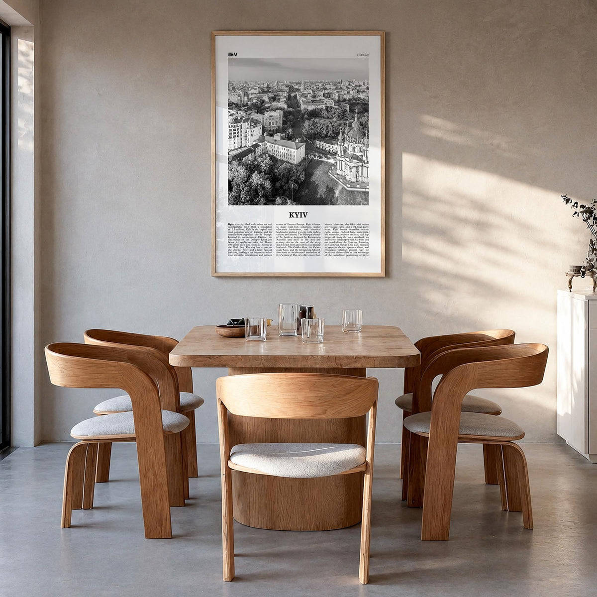 Kyiv no. 1 black & white newspaper poster of Ukraine – vertical wall art in natural wood frame, hanging on wall