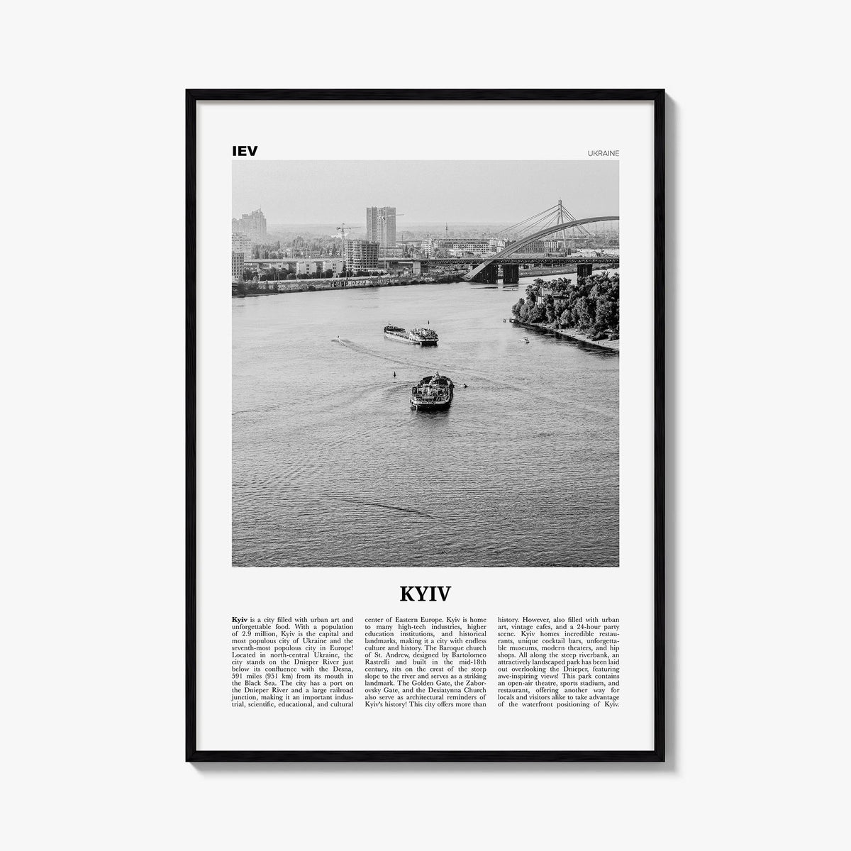 Kyiv no. 2 black & white newspaper poster of Ukraine – vertical wall art, unframed print shown in interior mockup