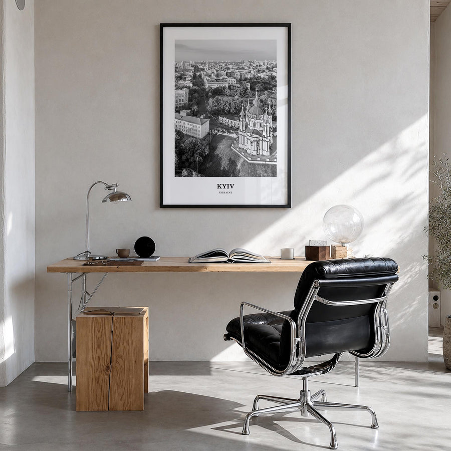 Kyiv no. 3 black & white classic poster of Ukraine – vertical wall art in black wood frame, hanging on wall