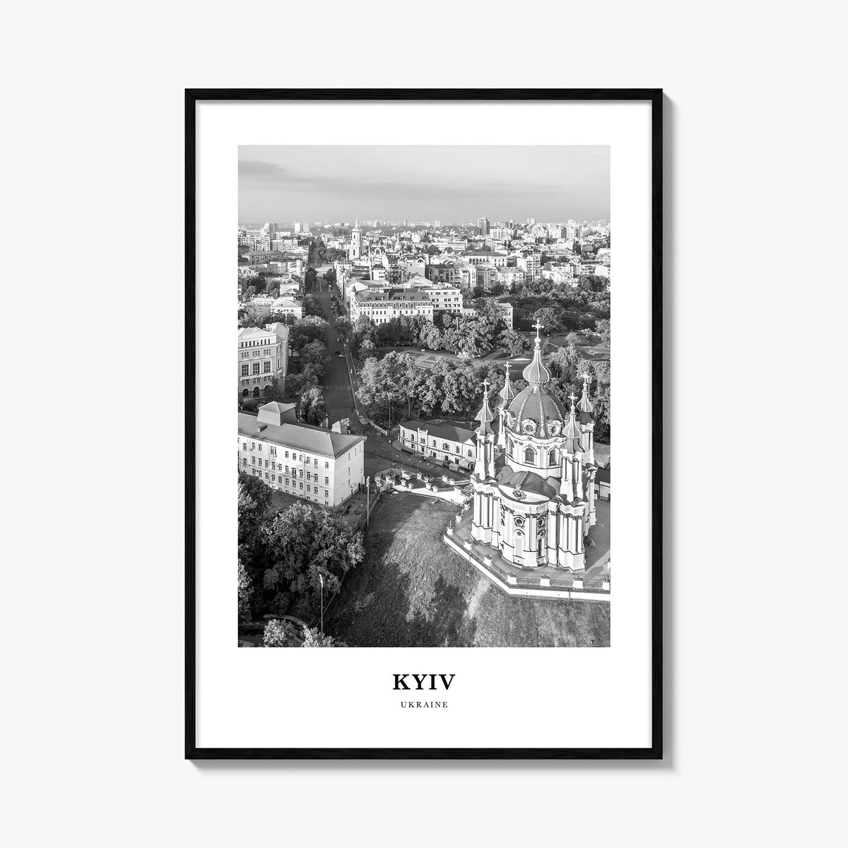 Kyiv no. 3 black & white classic poster of Ukraine – vertical wall art, unframed print shown in interior mockup