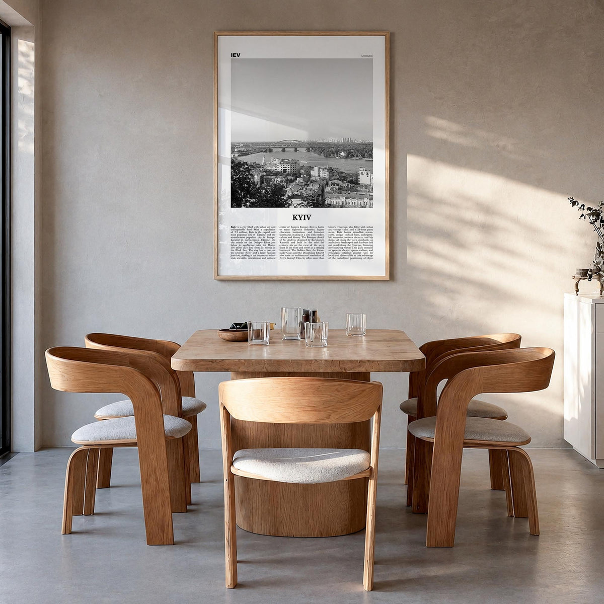 Kyiv no. 3 black & white newspaper poster of Ukraine – vertical wall art in natural wood frame, hanging on wall
