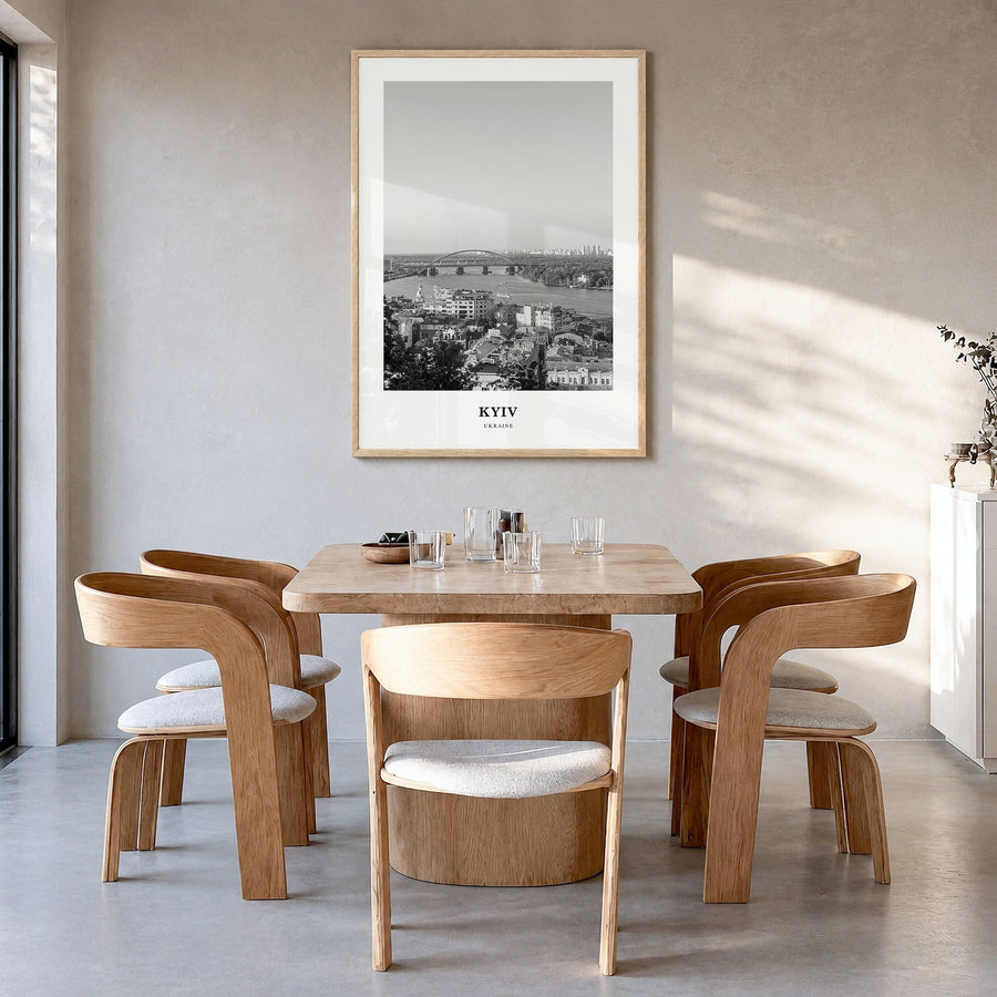 Kyiv Classic No 2 Poster in a natural wood frame, hanging in a dining room