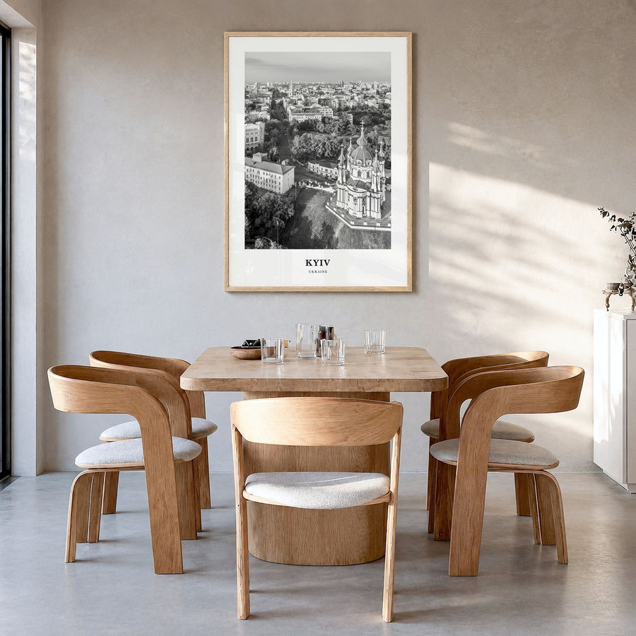 Kyiv Classic No 3 Poster in a natural wood frame, hanging in a dining room