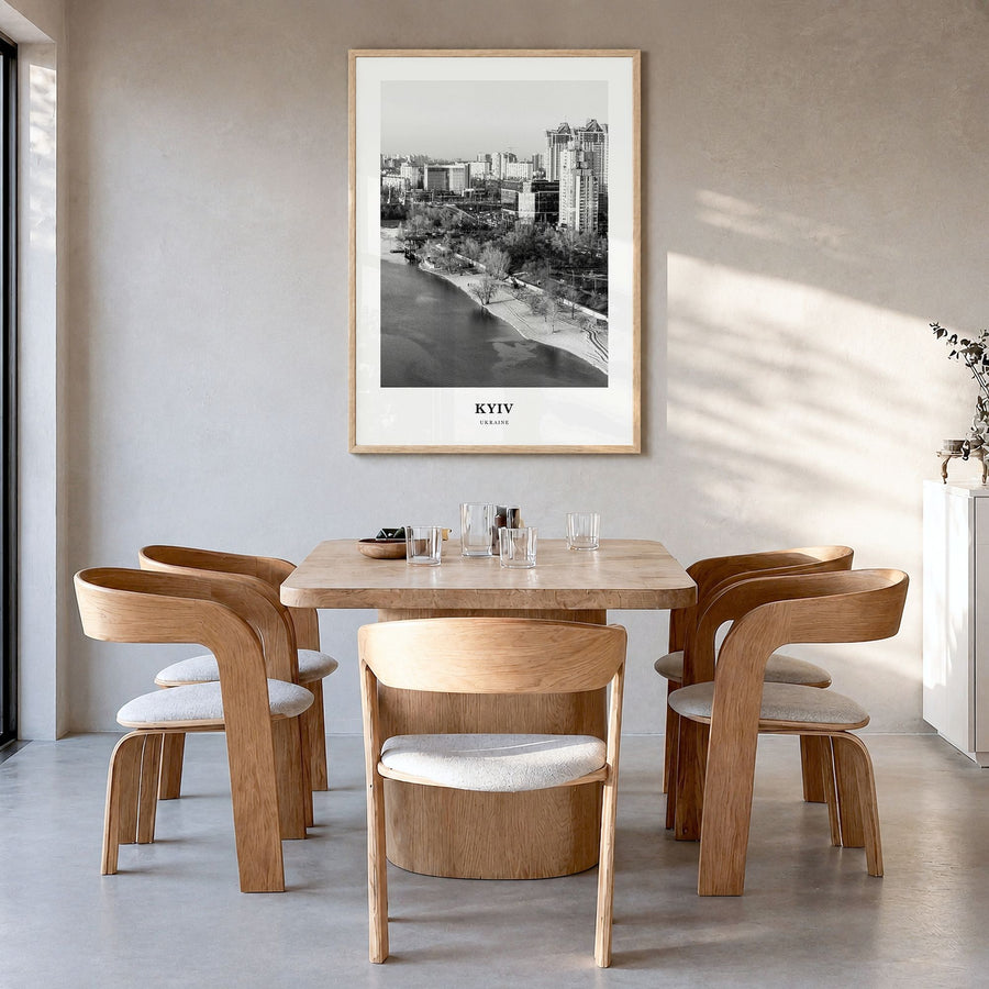 Kyiv Classic No 4 Poster in a natural wood frame, hanging in a dining room