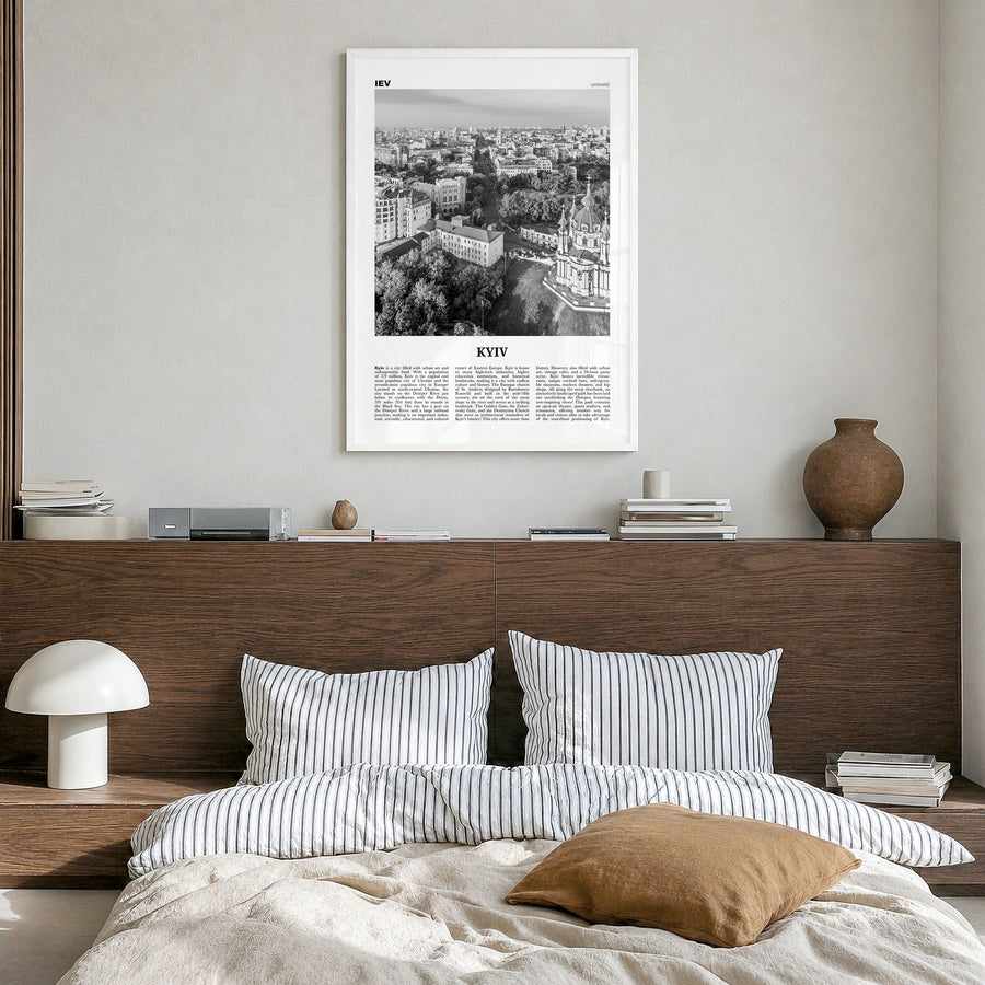 Kyiv Newspaper No 1 Poster in a white wood frame, hanging in a bedroom