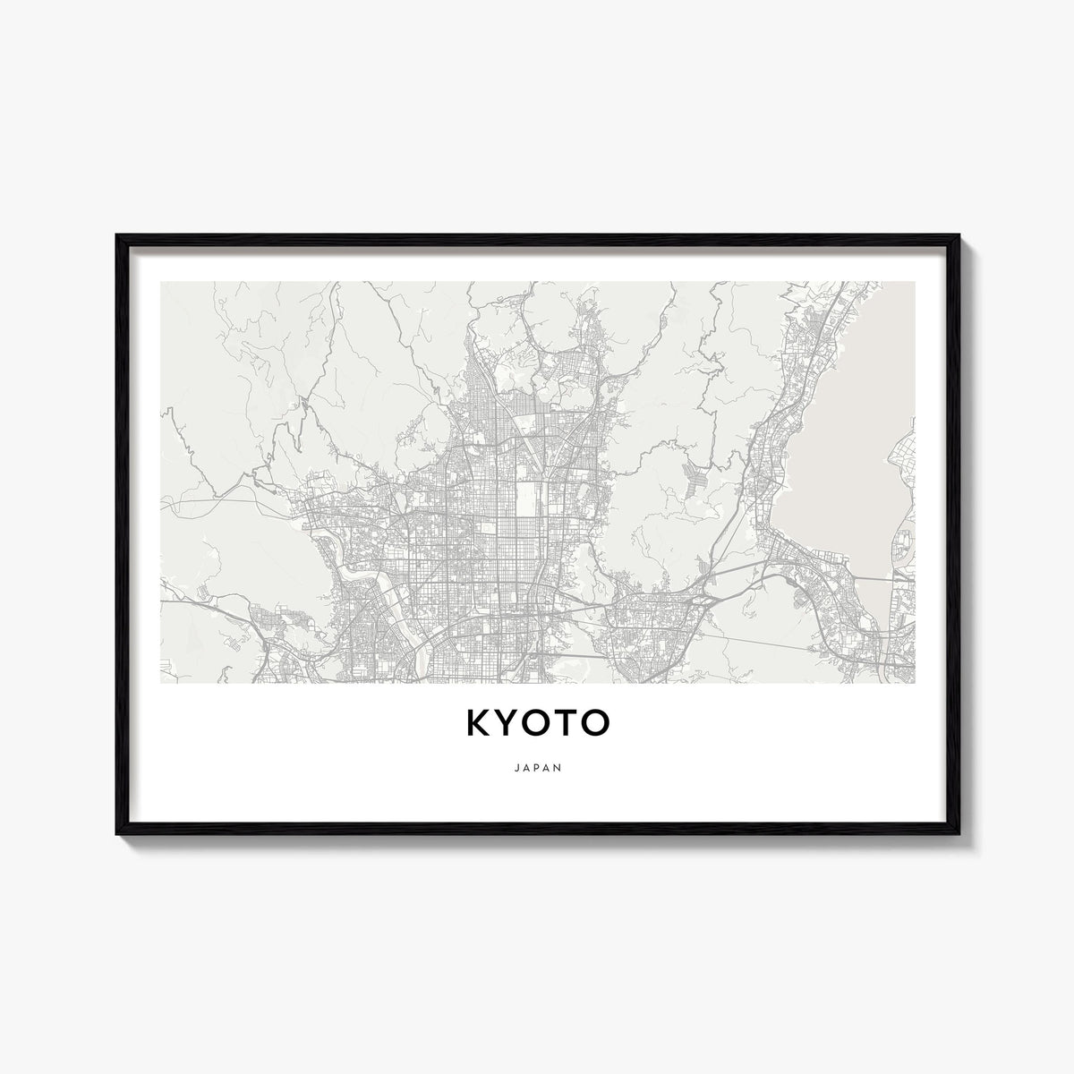 Kyoto black & white map poster of Japan – horizontal wall art, unframed print shown in interior mockup
