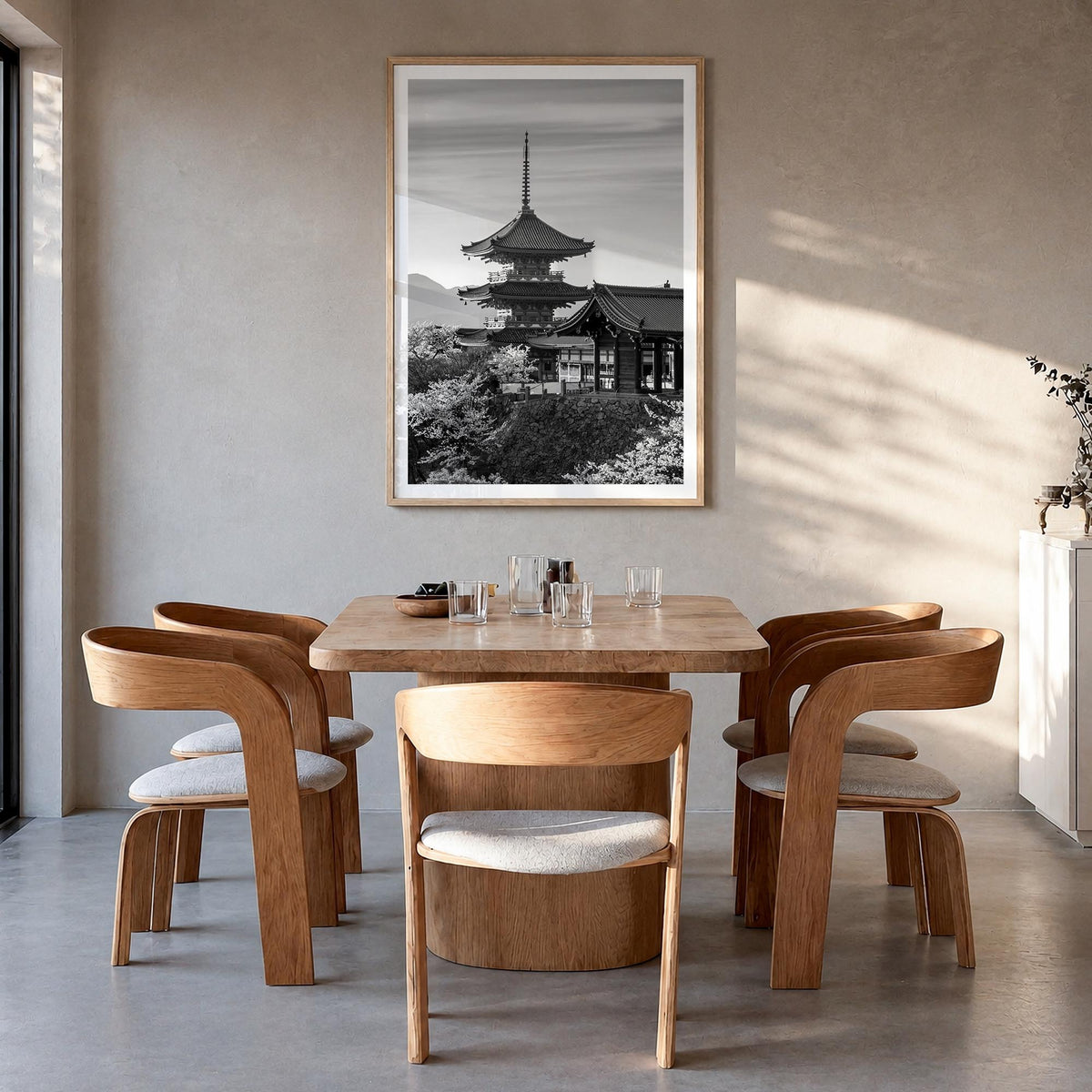 Kyoto black & white photo poster of Japan – vertical wall art in natural wood frame with white border, hanging on wall