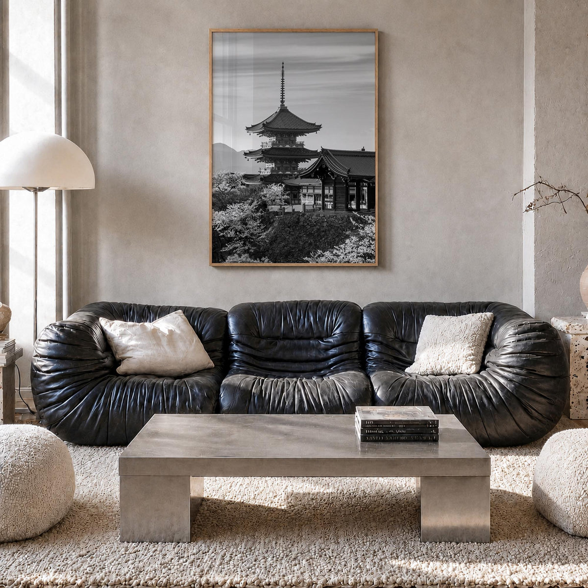 Kyoto black & white photo poster of Japan – vertical wall art in natural wood frame, hanging on wall