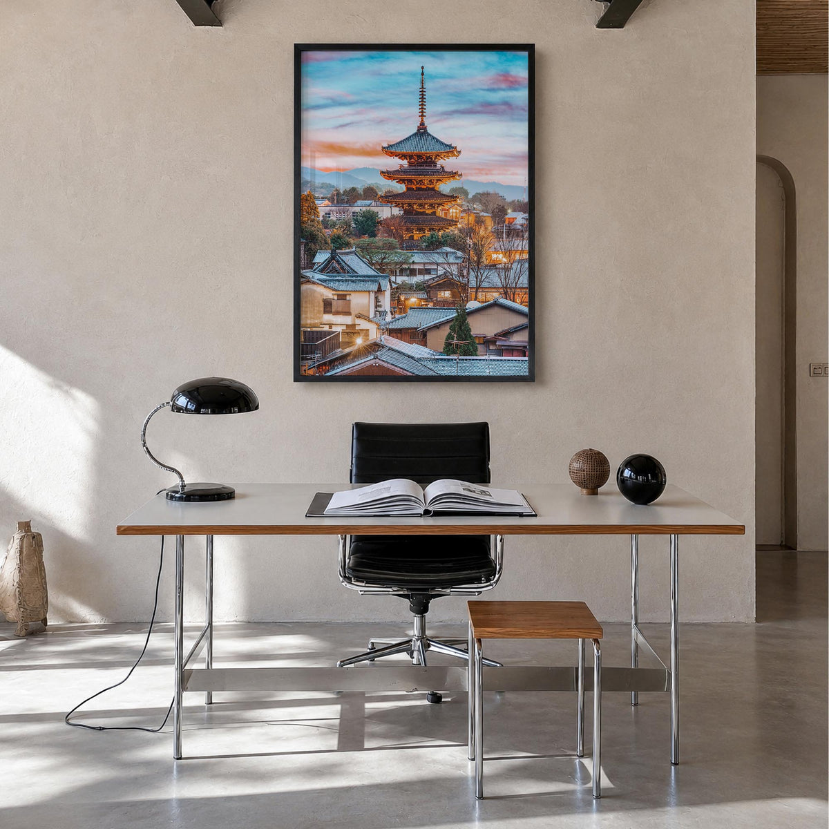 Kyoto colorful photo poster of Japan – vertical wall art in black wood frame, hanging on wall