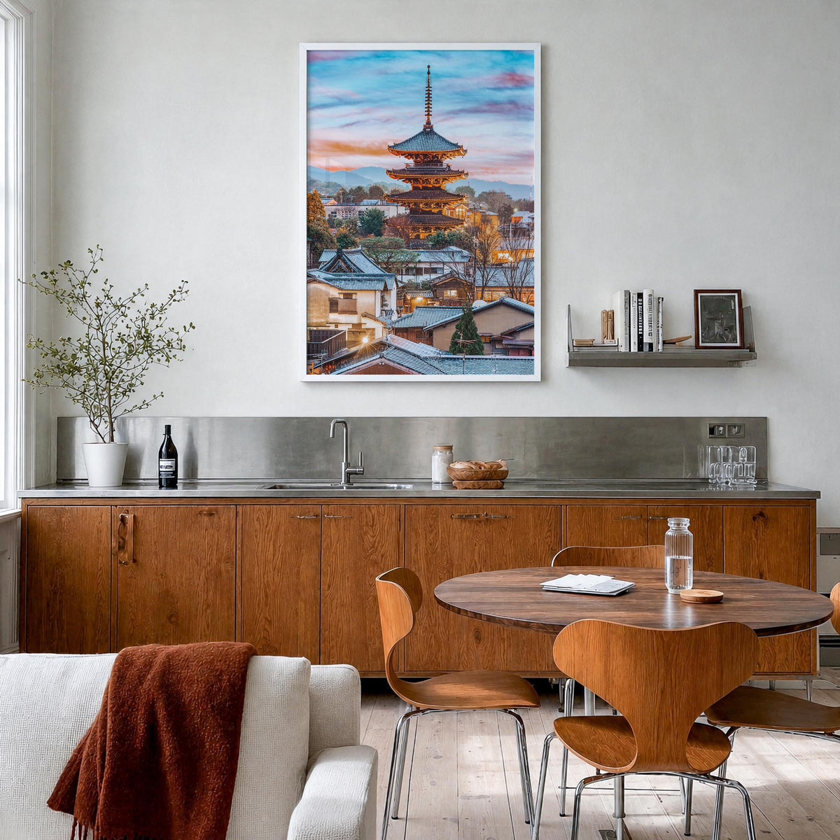 Kyoto colorful photo poster of Japan – vertical wall art in white wood frame, hanging on wall