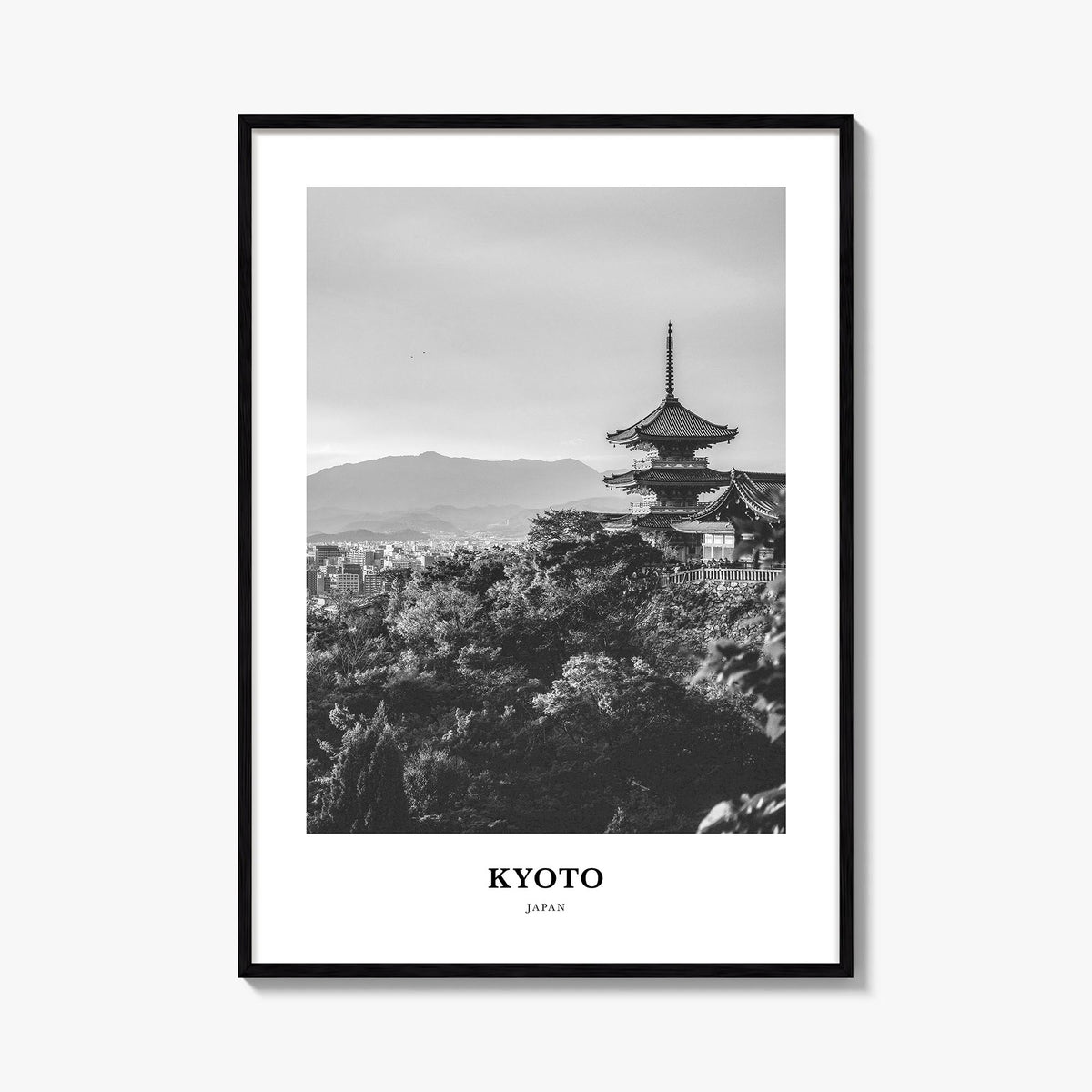 Kyoto no. 1 black & white classic poster of Japan – vertical wall art, unframed print shown in interior mockup