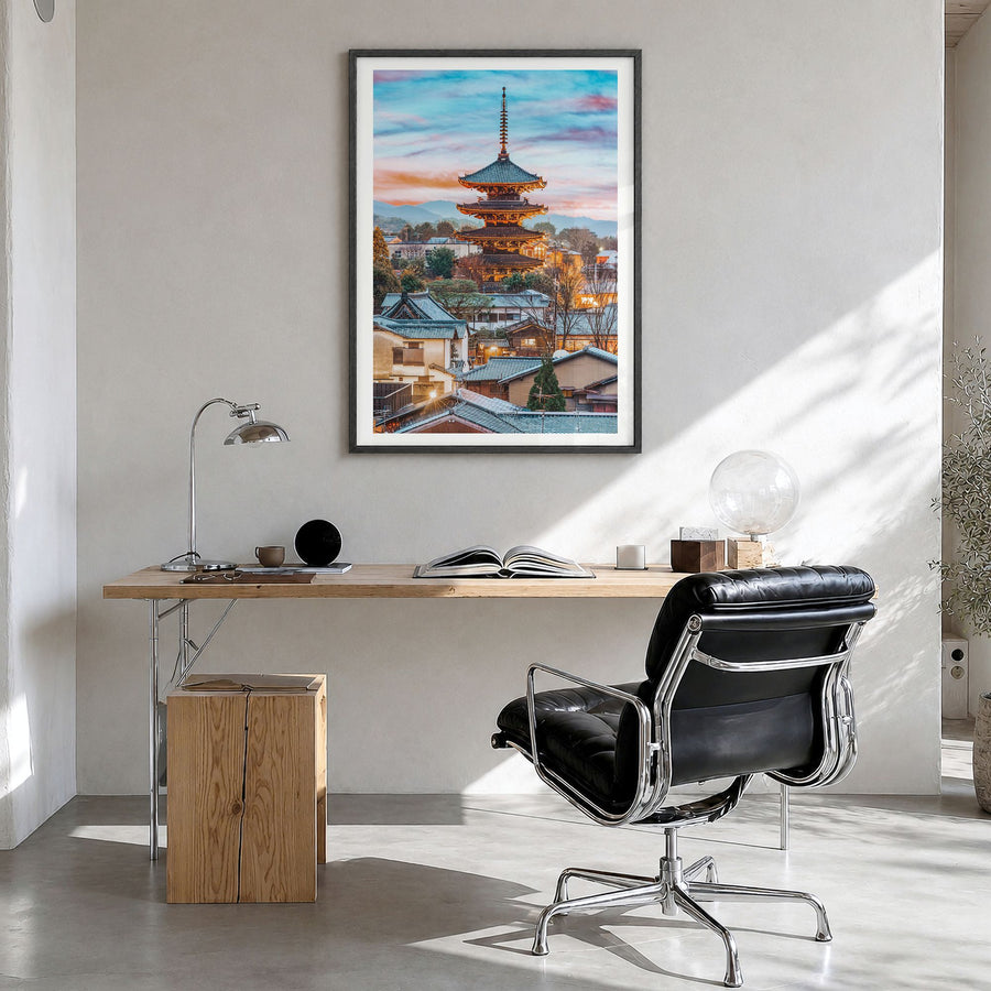 Kyoto Photo Poster in a black wood frame, hanging in a bright home office, white border