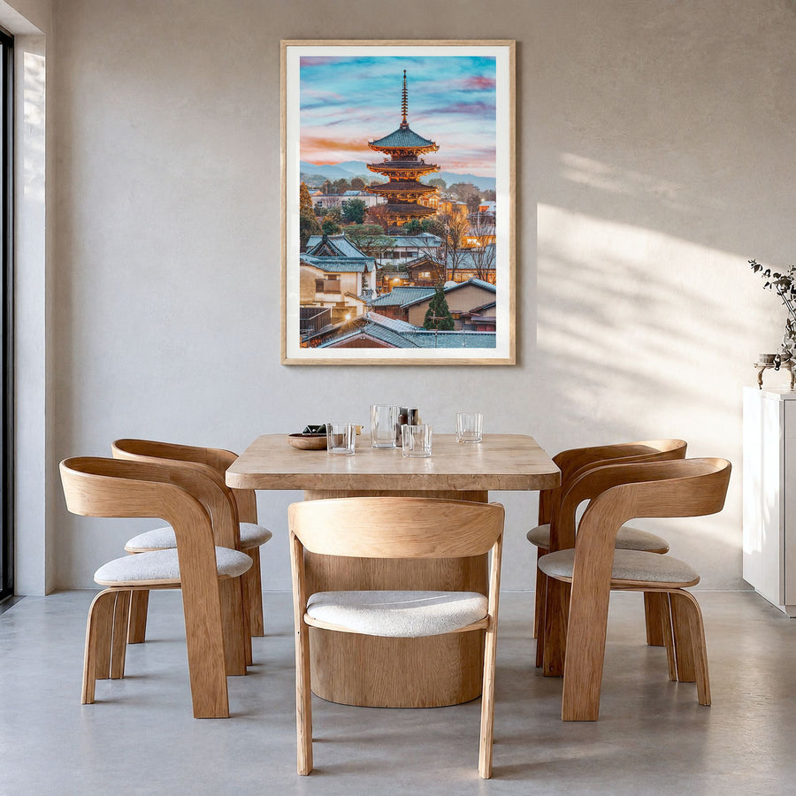 Kyoto Photo Poster in a natural wood frame, hanging in a dining room, white border