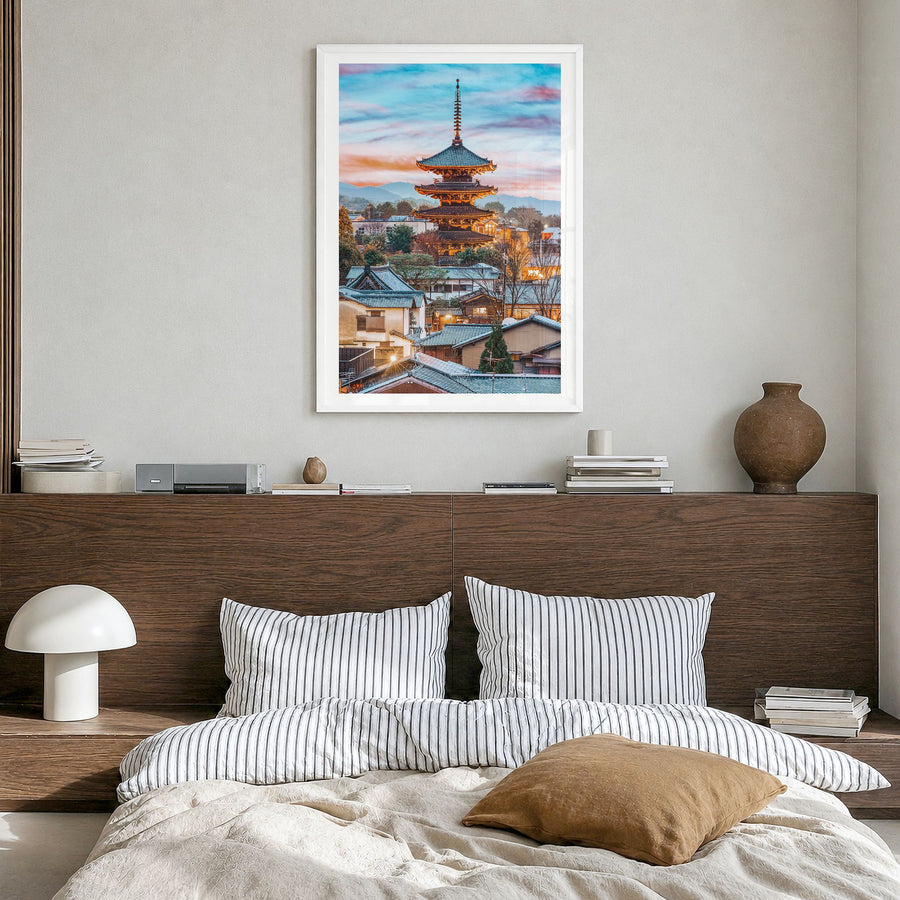 Kyoto Photo Poster in a white wood frame, hanging in a bedroom, white border