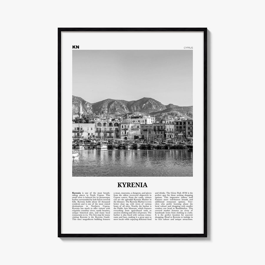 Kyrenia black & white newspaper poster of Cyprus – vertical wall art, unframed print shown in interior mockup