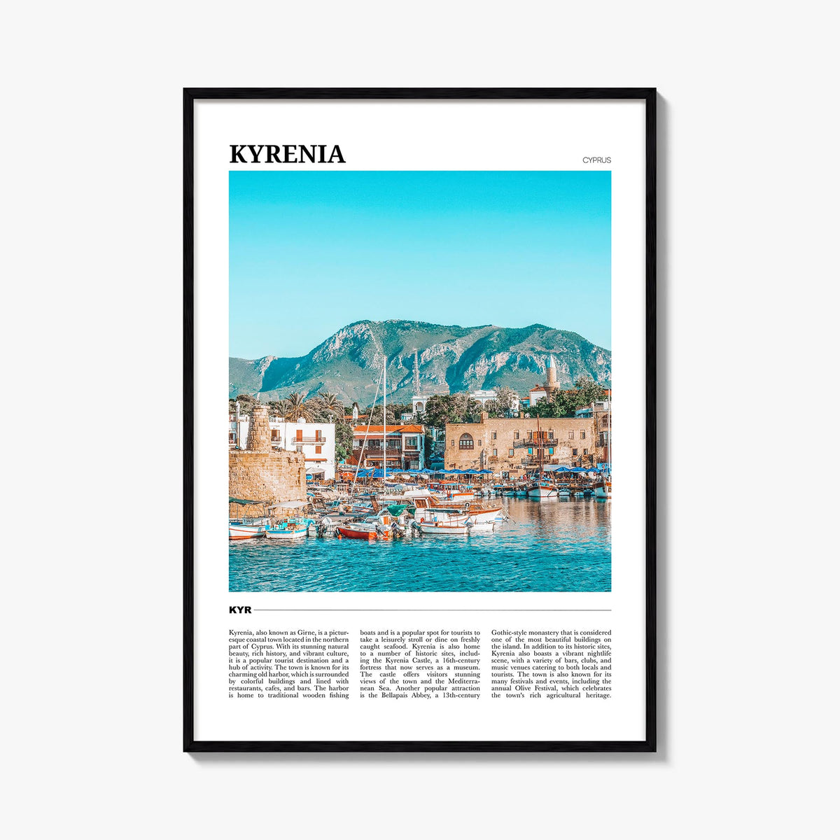 Kyrenia no. 1 colorful travel poster of Cyprus – vertical wall art, unframed print shown in interior mockup