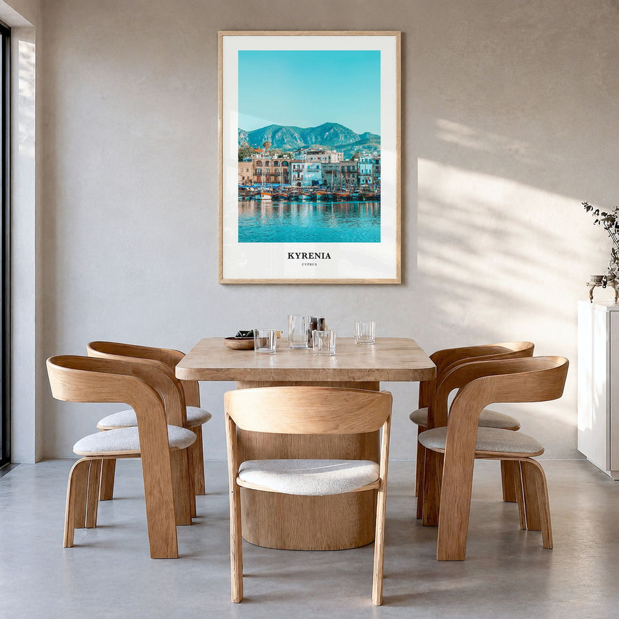 Kyrenia Classic No 2 Poster in a natural wood frame, hanging in a dining room