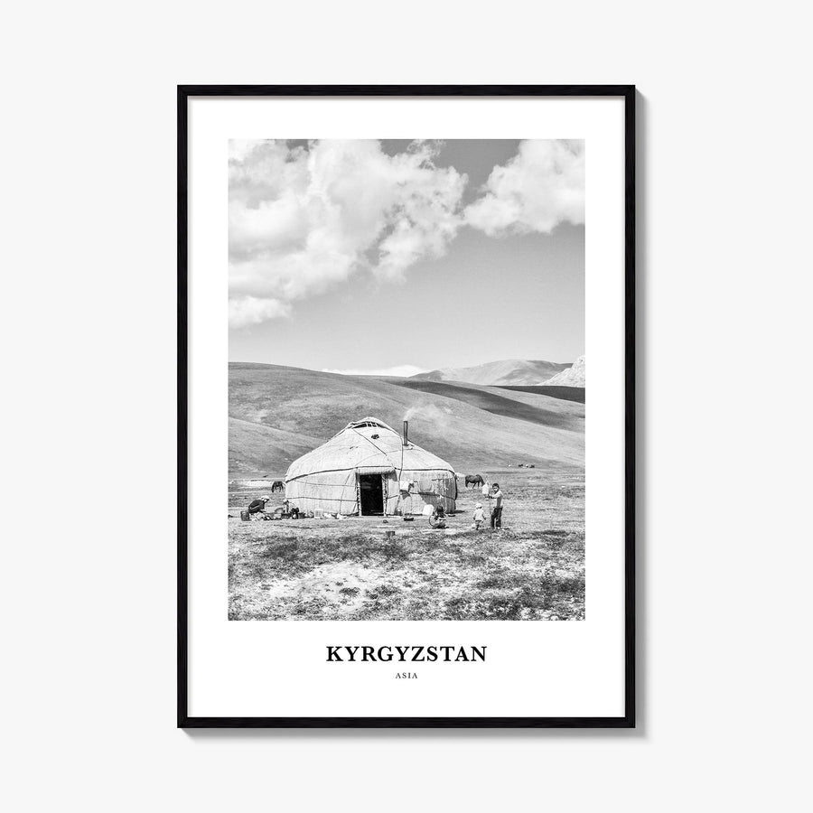 Kyrgyzstan black & white classic poster of Asia – vertical wall art, unframed print shown in interior mockup